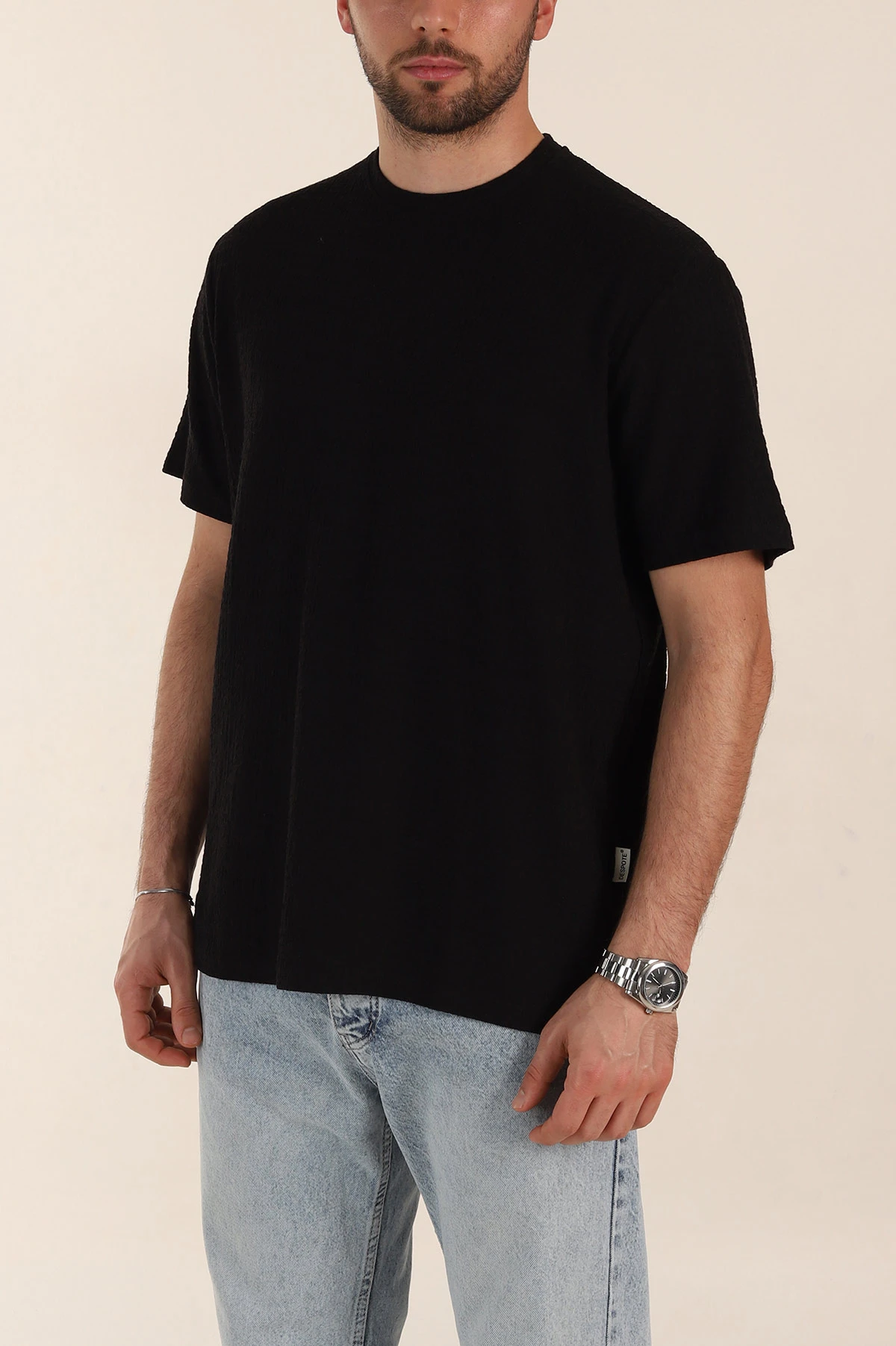 Siyah Relaxed Fit Kabartma Desenli Basic Erkek Tişört 358106