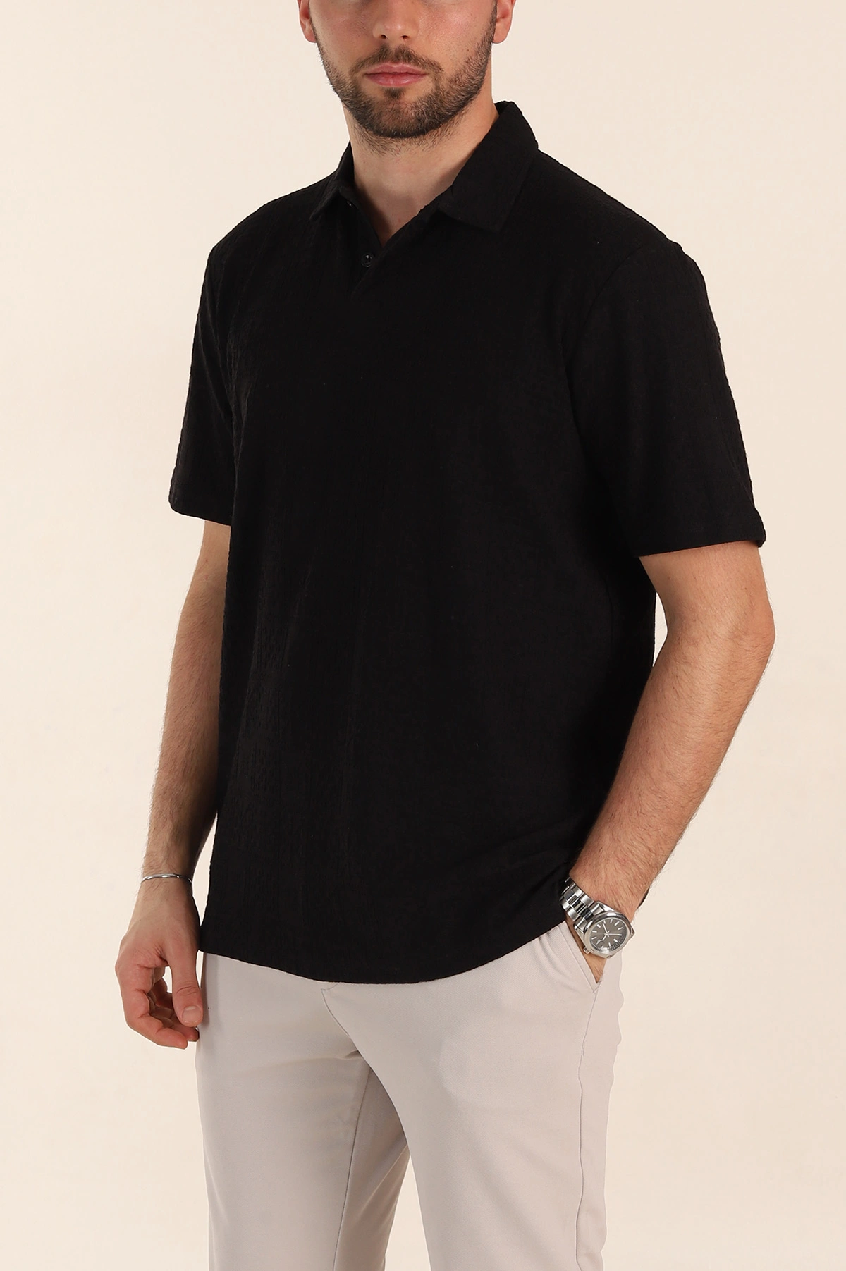 Siyah Relaxed Fit Kabartma Desenli Düğmeli Polo Yaka Erkek Tişört 358078