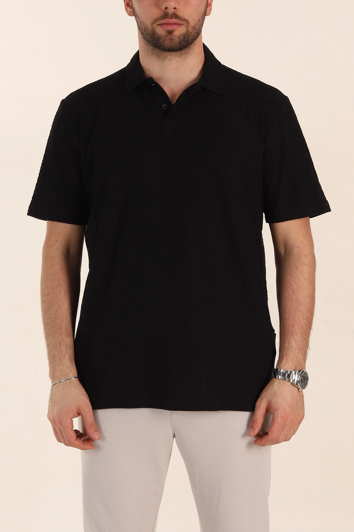 Siyah Relaxed Fit Kabartma Desenli Düğmeli Polo Yaka Erkek Tişört 358078