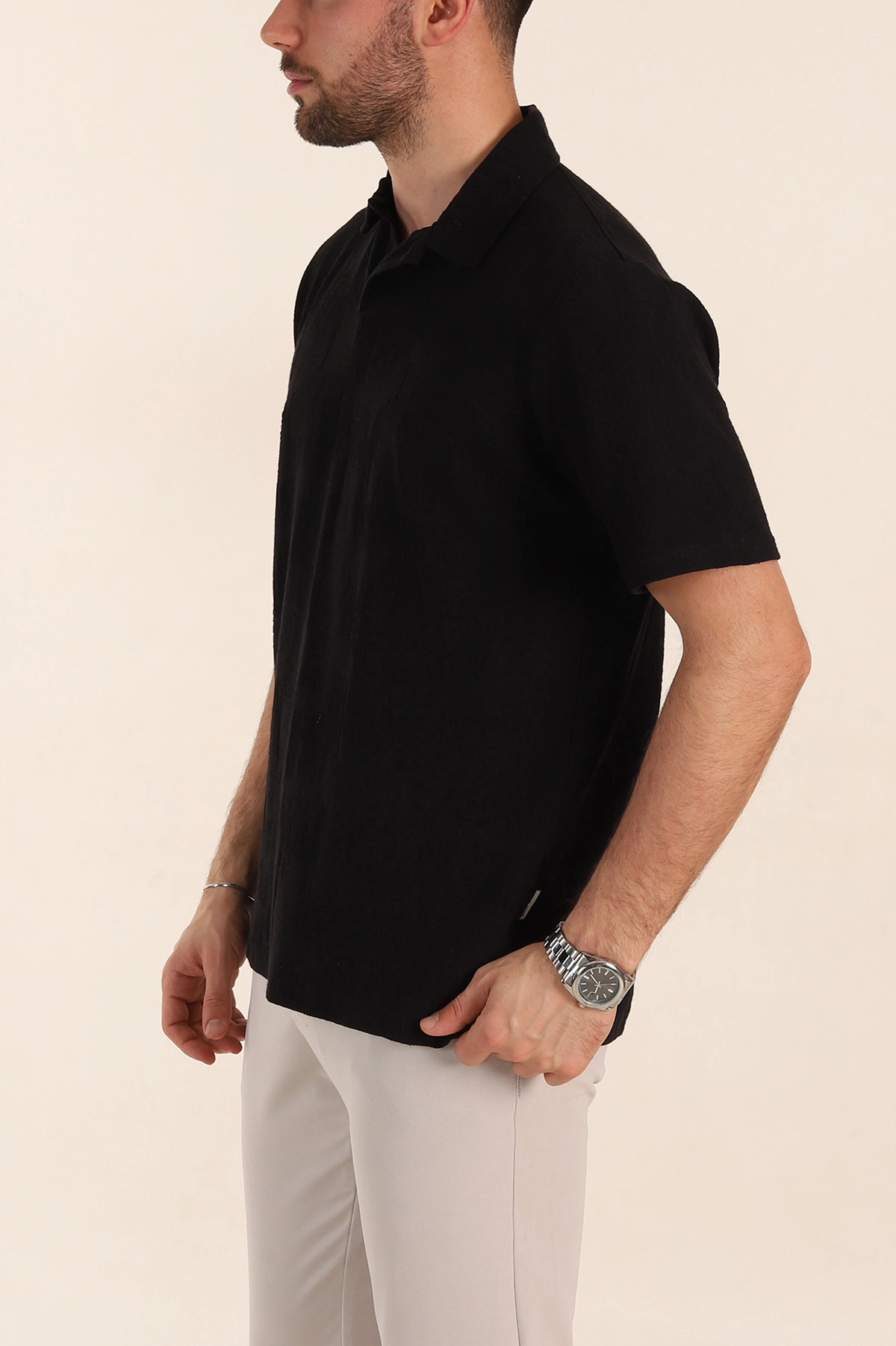 Siyah Relaxed Fit Kabartma Desenli Düğmeli Polo Yaka Erkek Tişört 358188