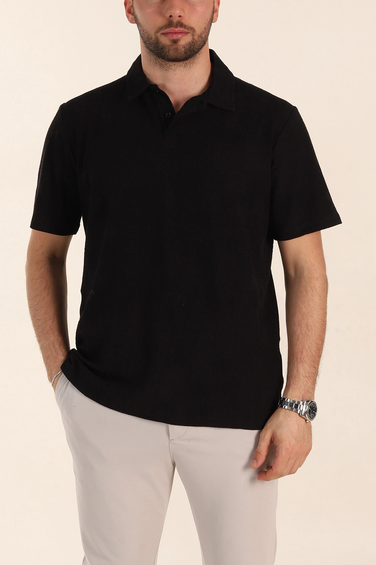 Siyah Relaxed Fit Kabartma Desenli Düğmeli Polo Yaka Erkek Tişört 358188