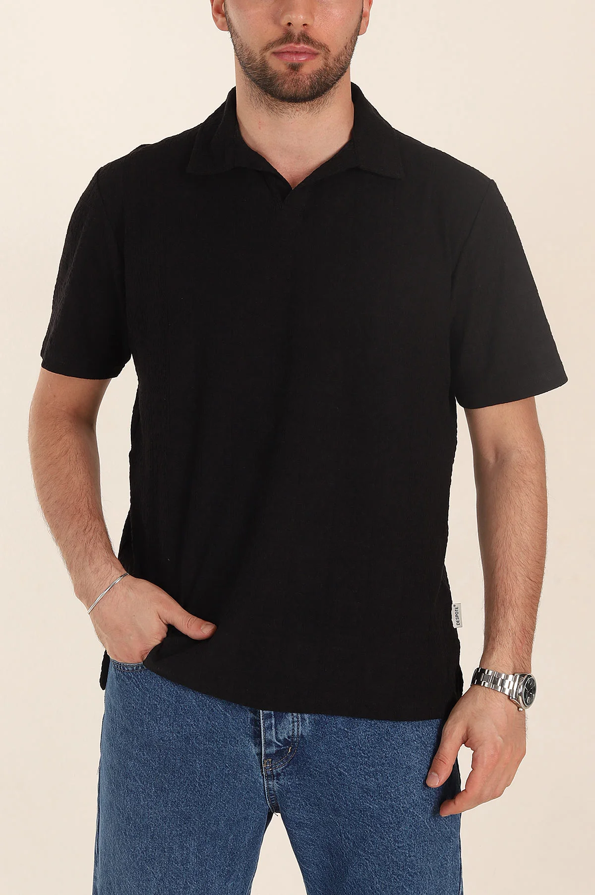 Siyah Relaxed Fit Kabartma Desenli Patlı Polo Yaka Erkek Tişört 358021