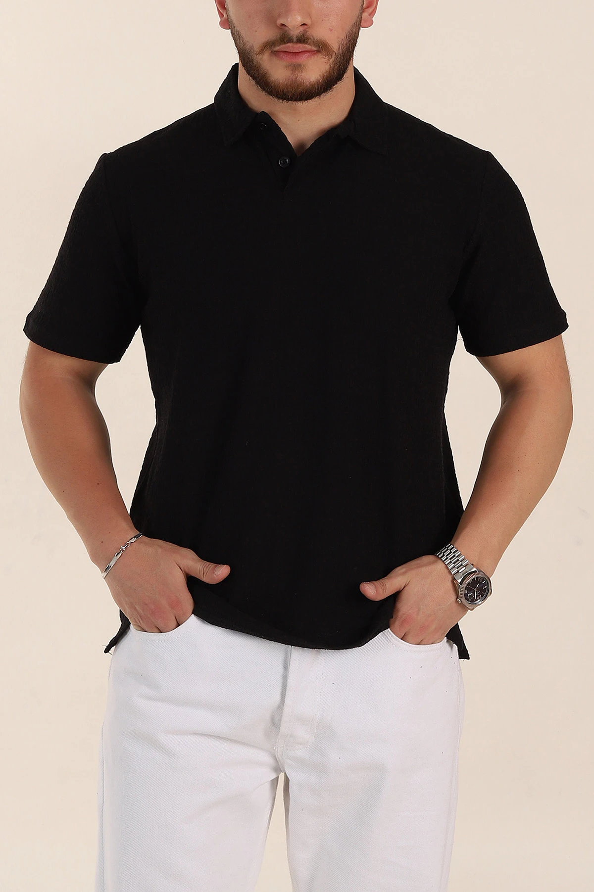 Siyah Relaxed Fit Kabartma Dokulu Düğmeli Polo Yaka Erkek Tişört 358227