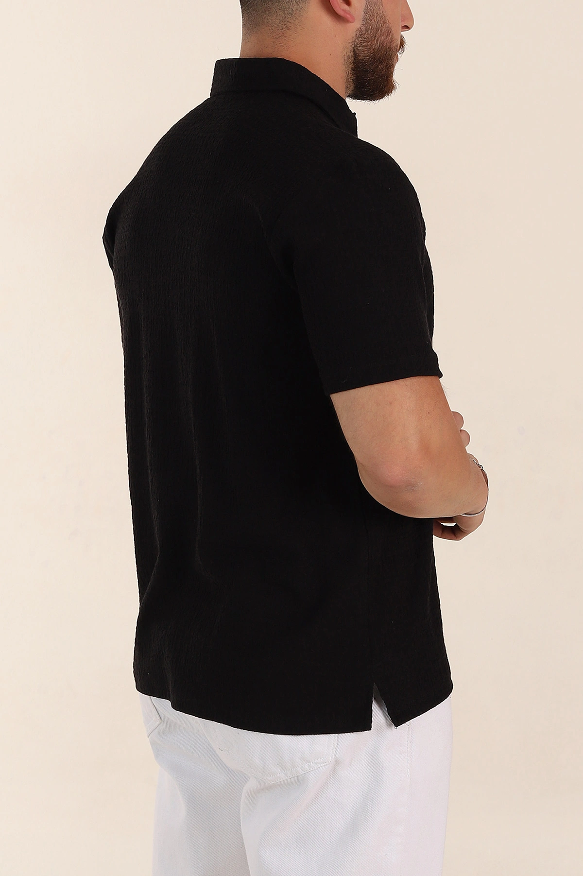 Siyah Relaxed Fit Kabartma Dokulu Düğmeli Polo Yaka Erkek Tişört 358227