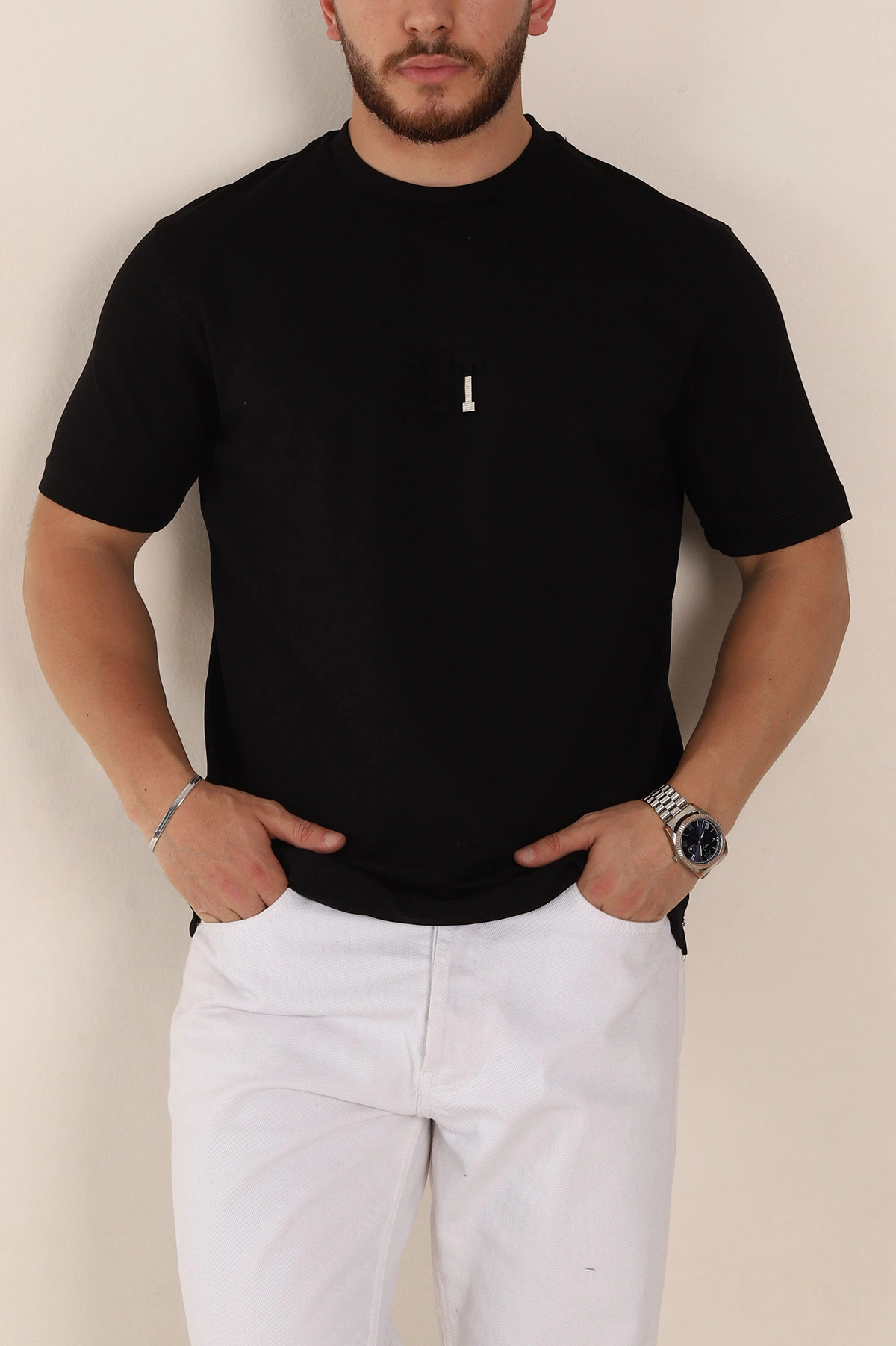 Siyah Relaxed Fit Kabartma Yazı Detaylı Erkek Tişört 358492