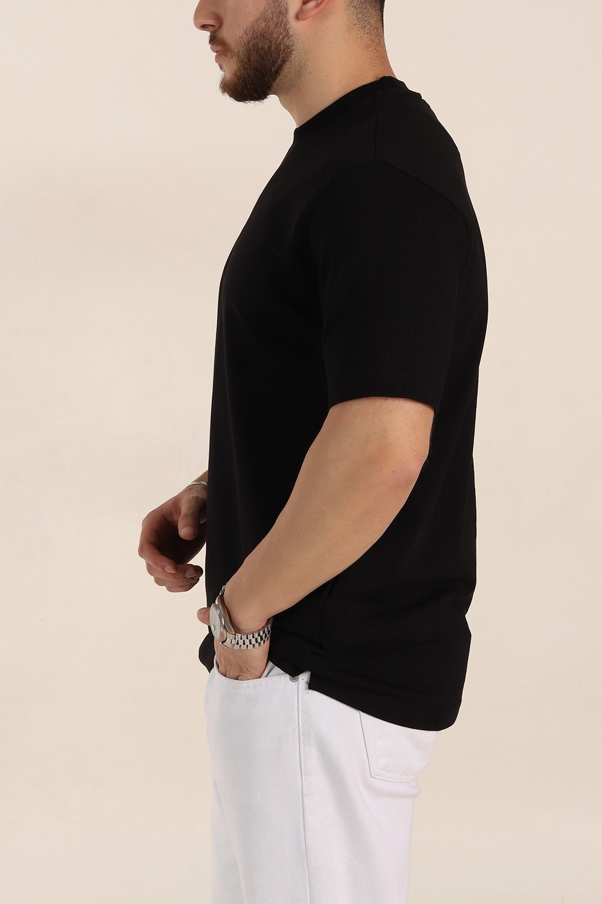 Siyah Relaxed Fit Kabartma Yazı Detaylı Erkek Tişört 358492
