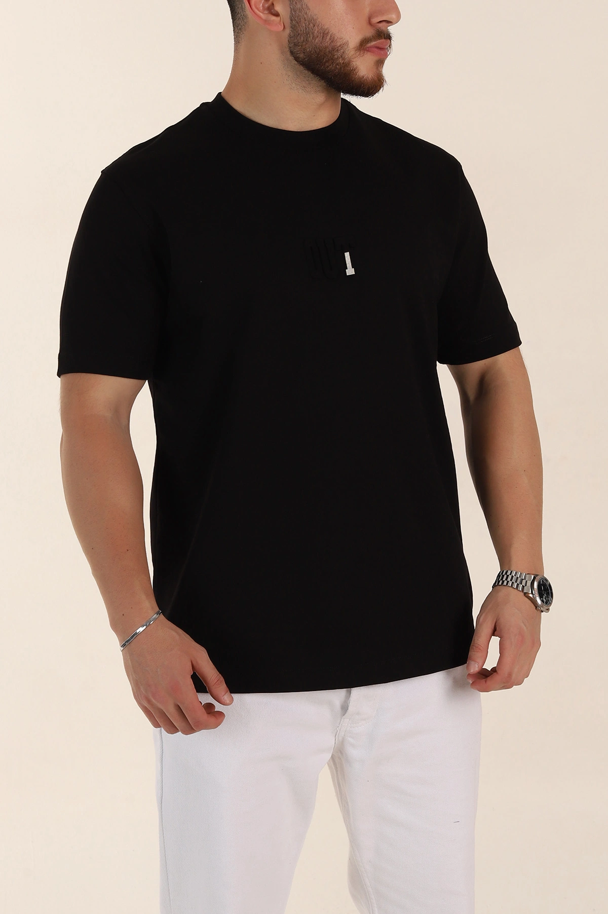 Siyah Relaxed Fit Kabartma Yazı Detaylı Erkek Tişört 358492