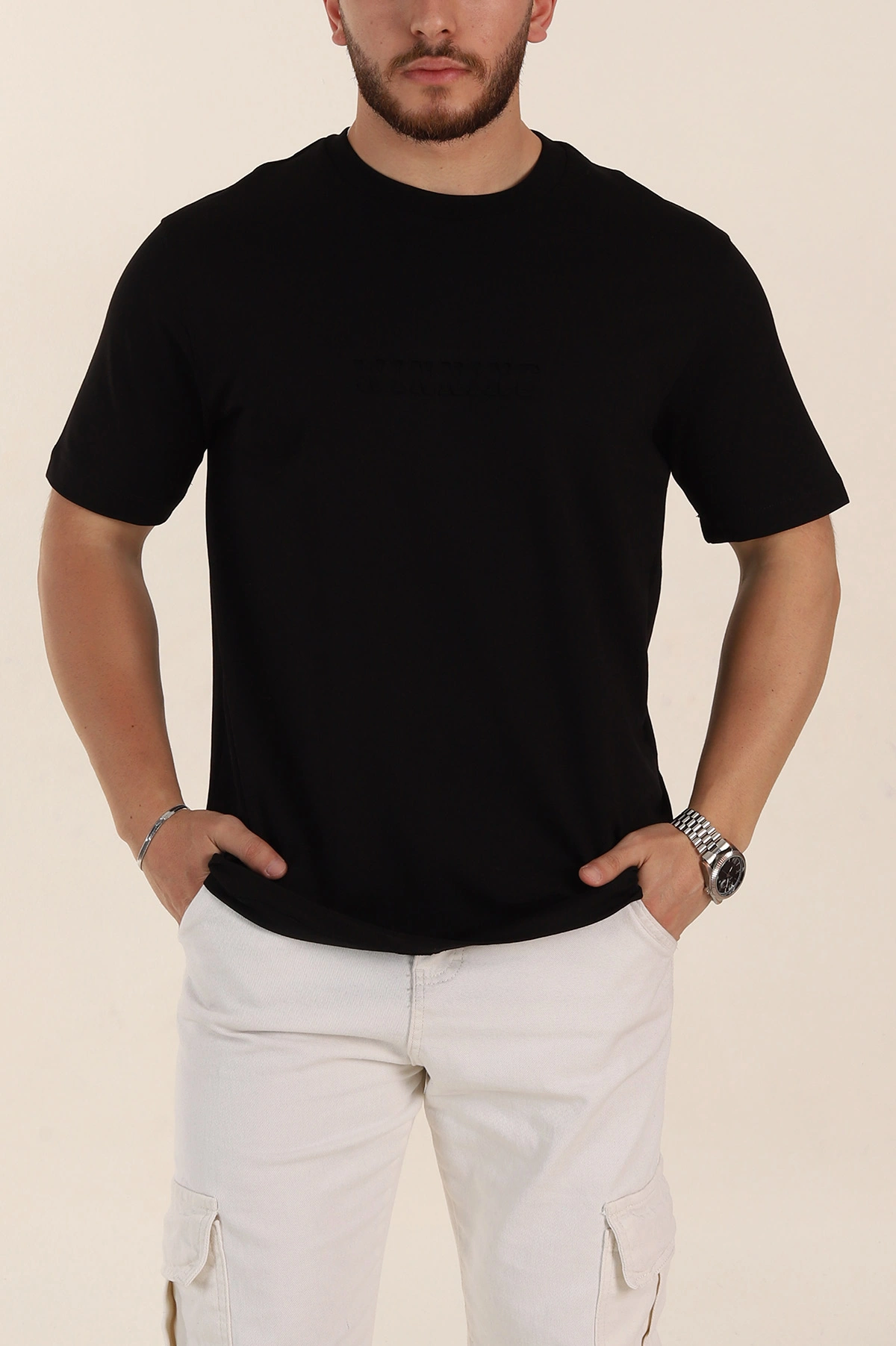 Siyah Relaxed Fit Kabartma Yazı Detaylı Erkek Tişört 358502