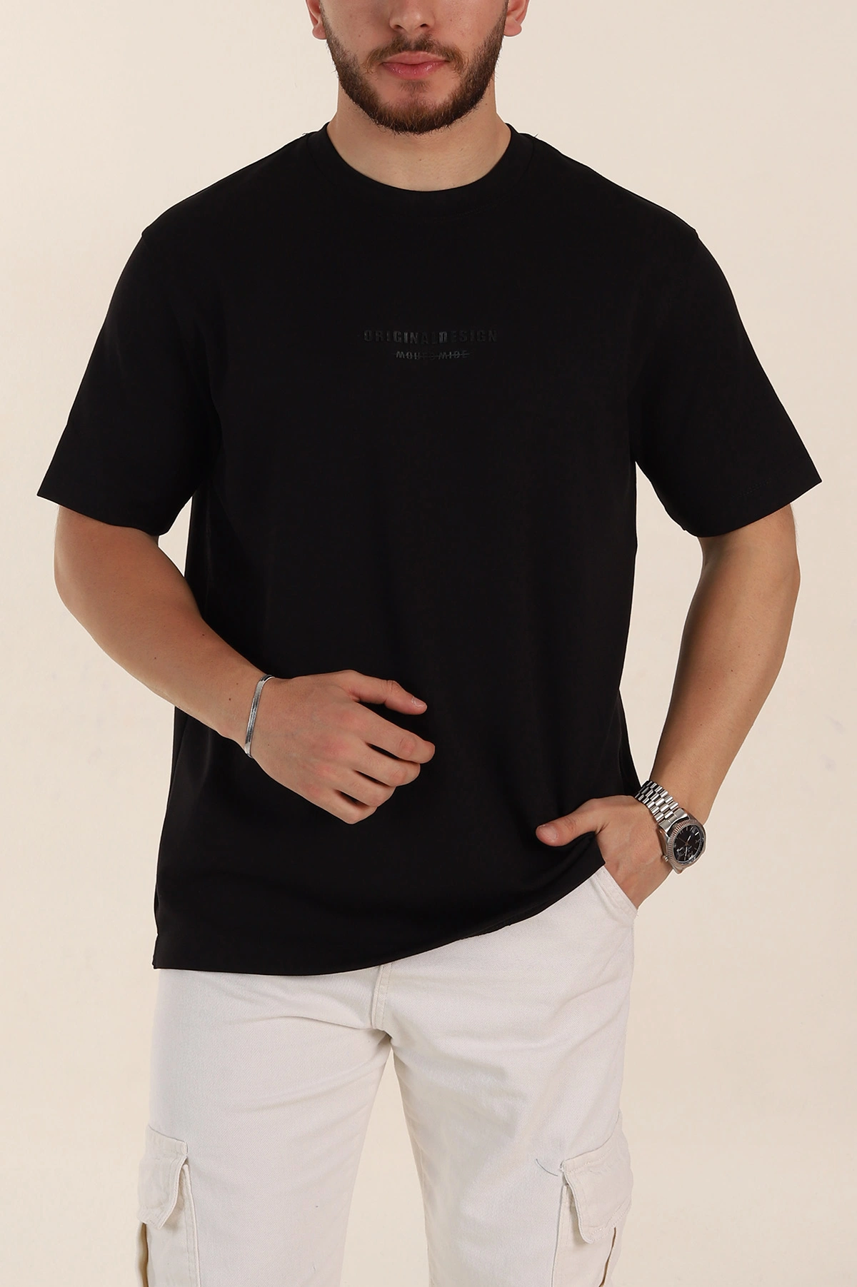 Siyah Relaxed Fit Kabartma Yazı Detaylı Erkek Tişört 358649
