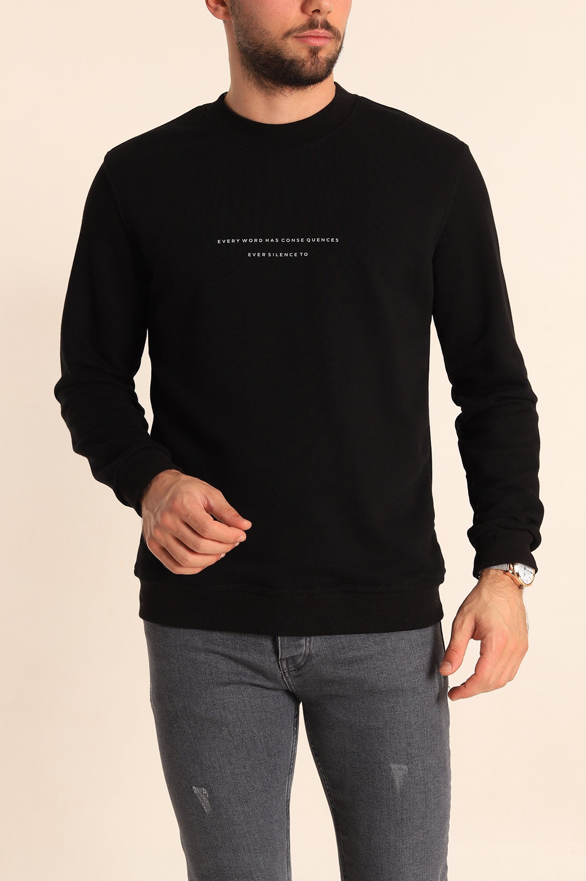Siyah Relaxed Fit Kabartma Yazılı Erkek Sweatshirt 221444