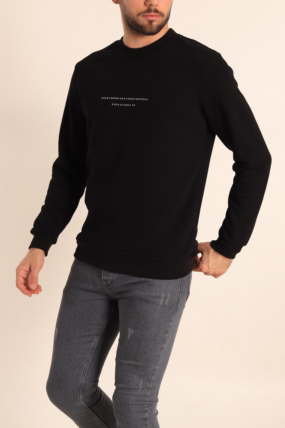 Siyah Relaxed Fit Kabartma Yazılı Erkek Sweatshirt 221444