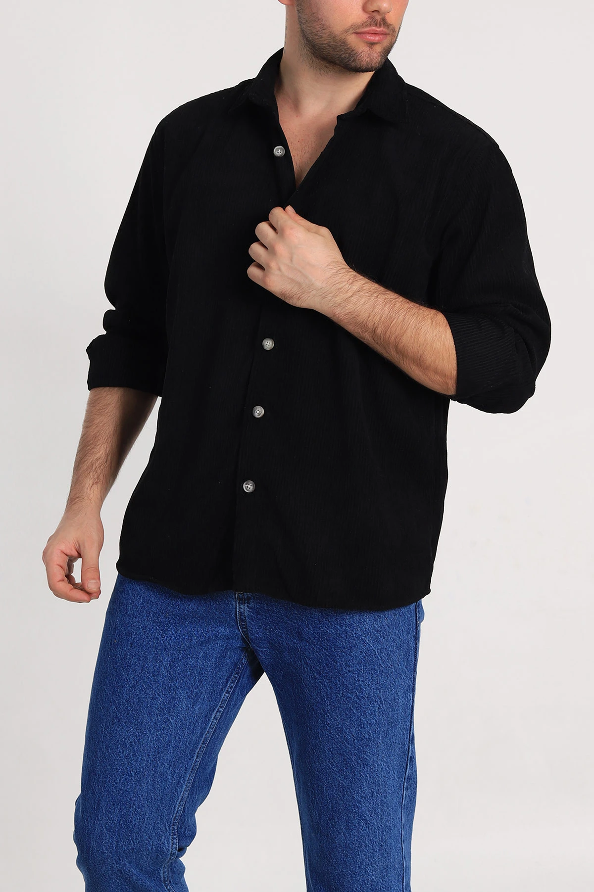 Siyah Relaxed Fit Kadife Erkek Gömlek 314706