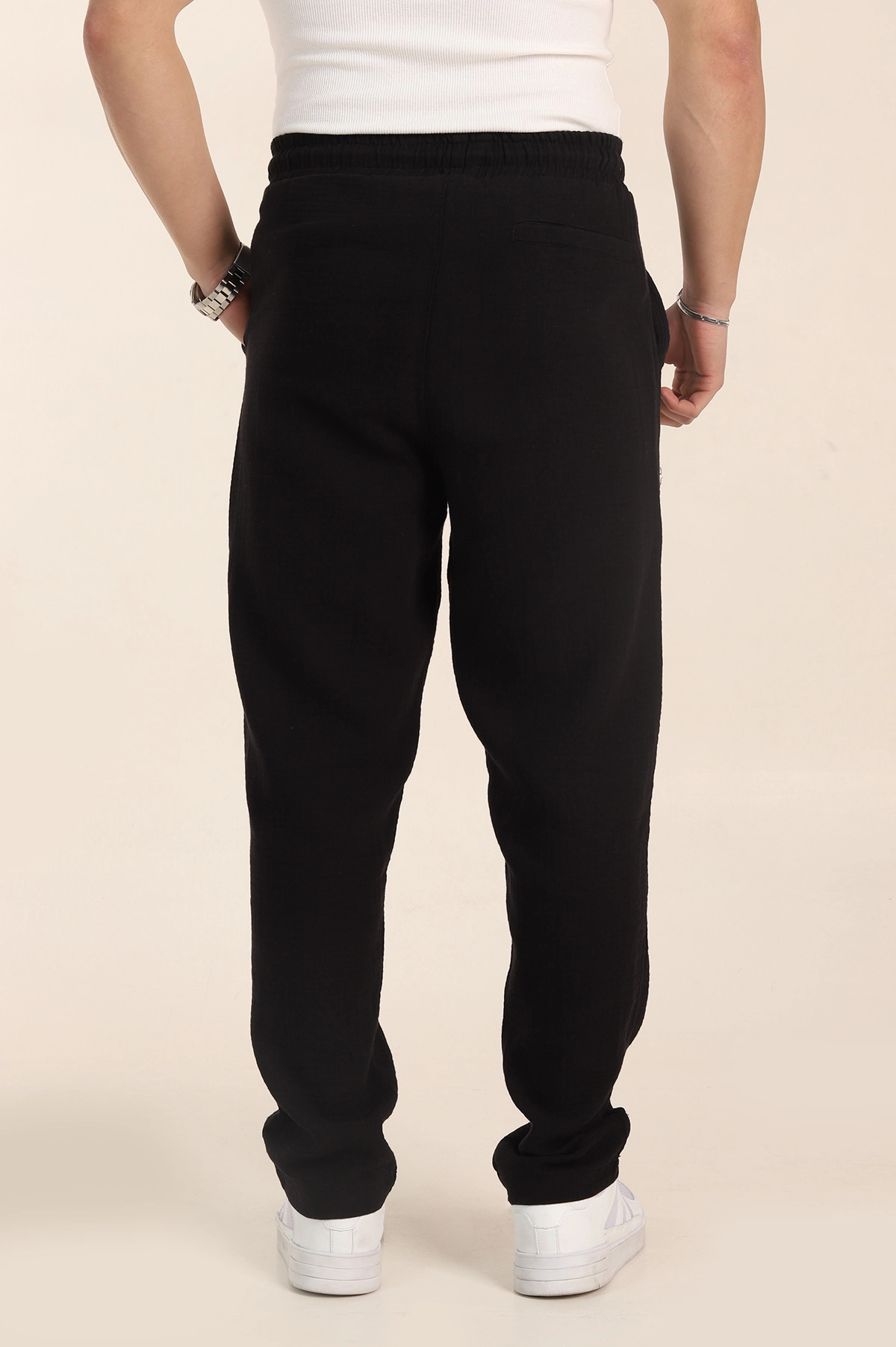 Siyah Relaxed Fit Kalın Müslin Keten Erkek Jogger Eşofman Altı 354103
