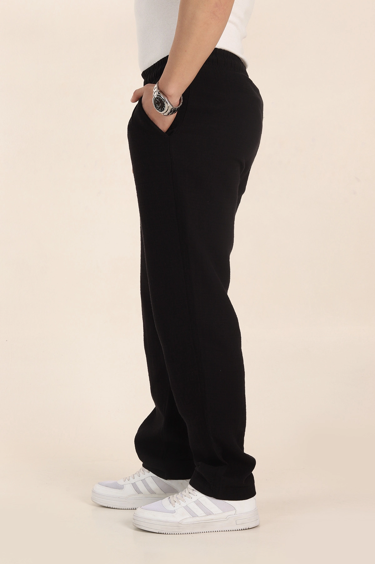 Siyah Relaxed Fit Kalın Müslin Keten Erkek Jogger Eşofman Altı 354103