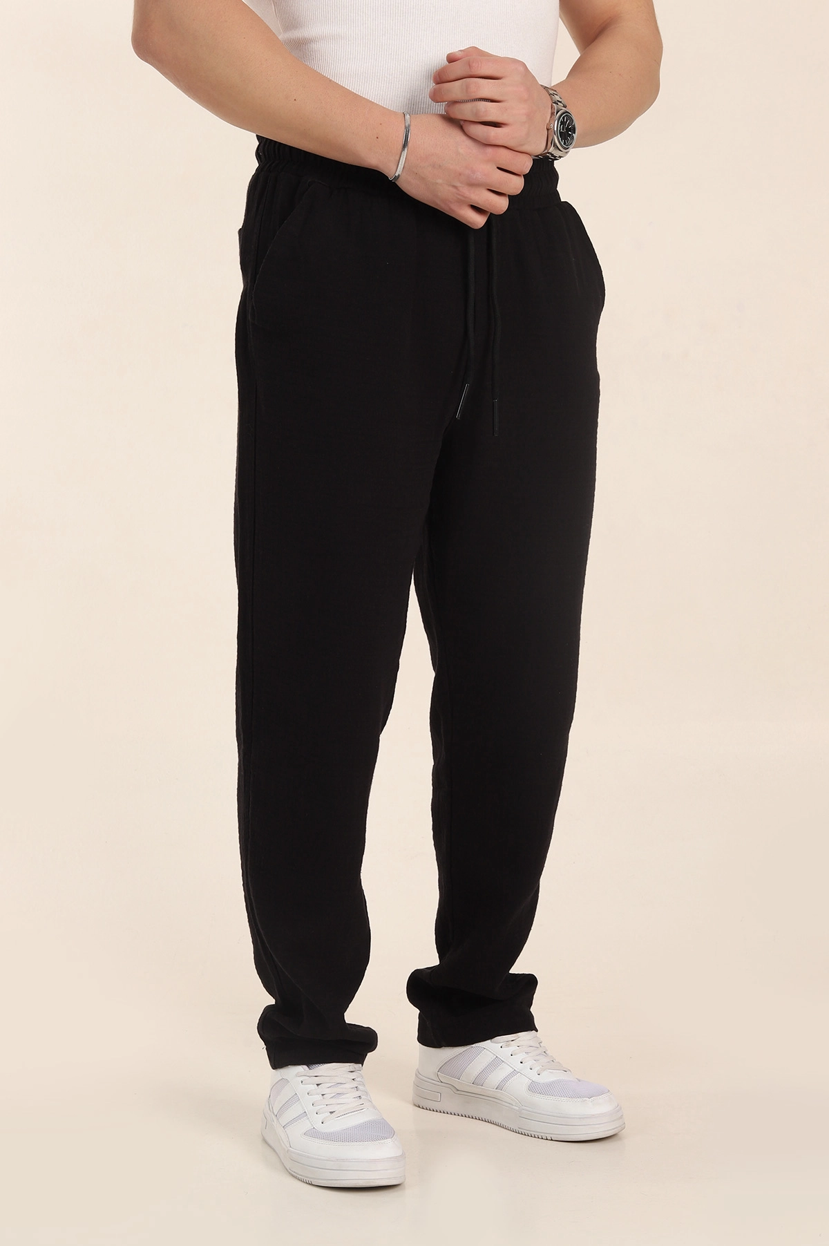 Siyah Relaxed Fit Kalın Müslin Keten Erkek Jogger Eşofman Altı 354103