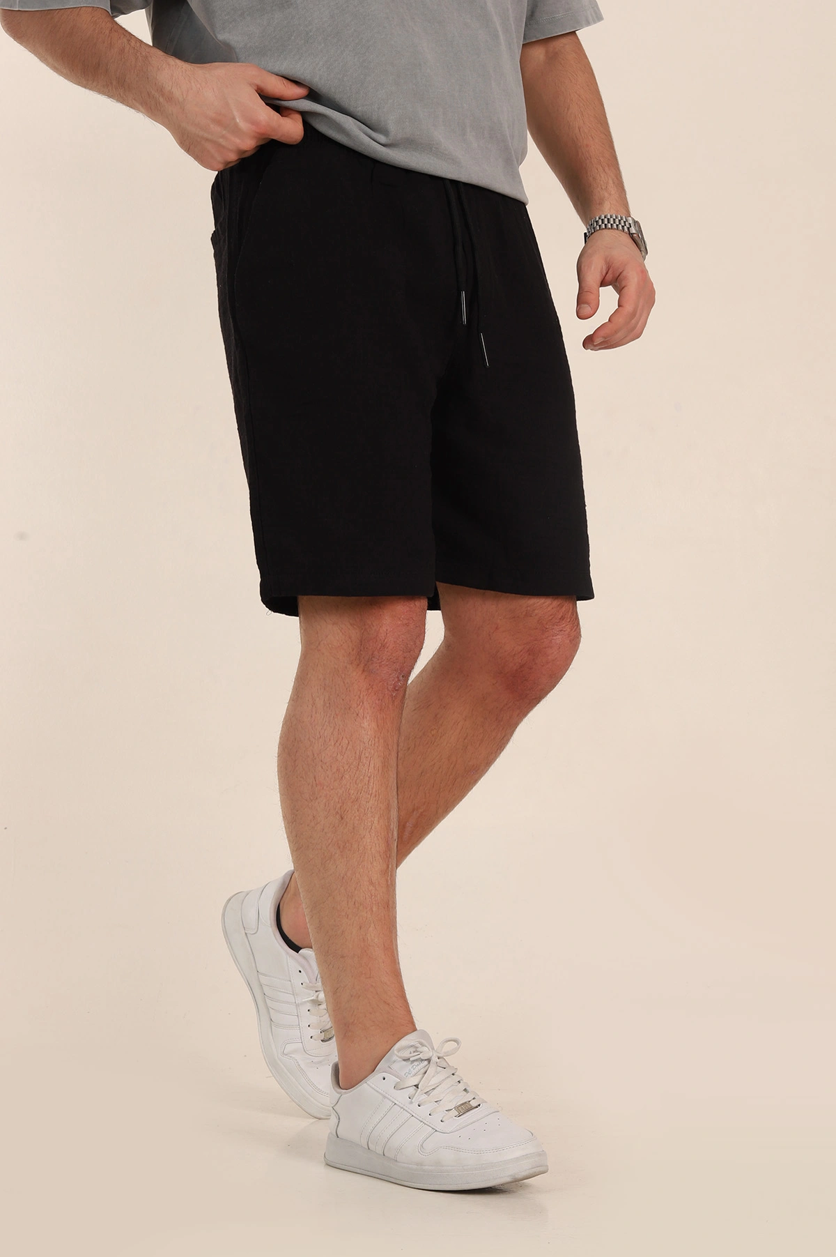 Siyah Relaxed Fit Kalın Müslin Keten Erkek Şort 354063