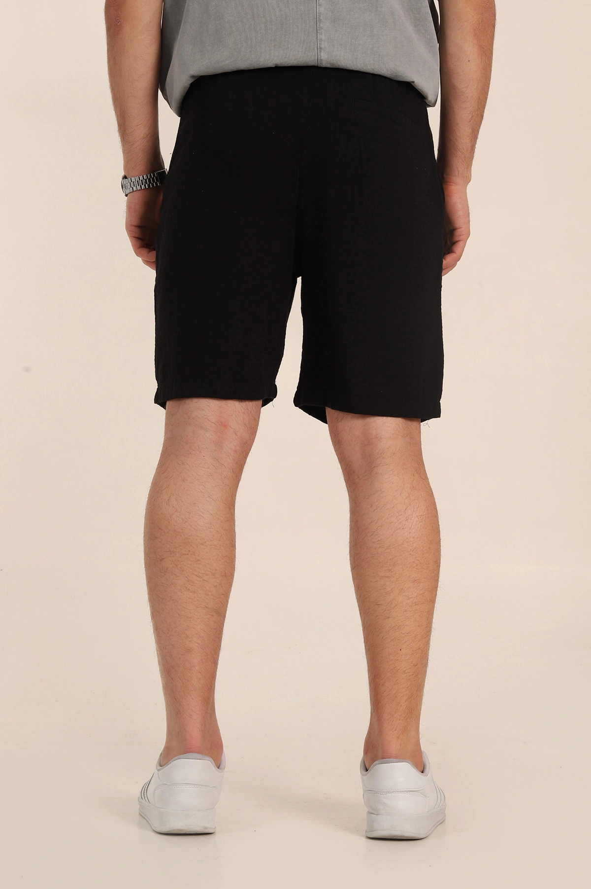 Siyah Relaxed Fit Kalın Müslin Keten Erkek Şort 354063