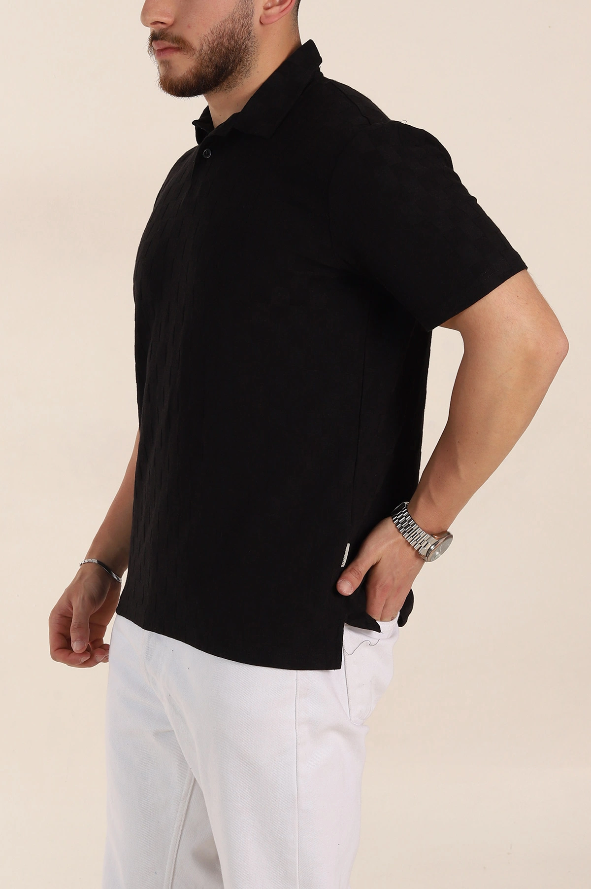 Siyah Relaxed Fit Kare Dokulu Düğmeli Polo Yaka Erkek Tişört 358171