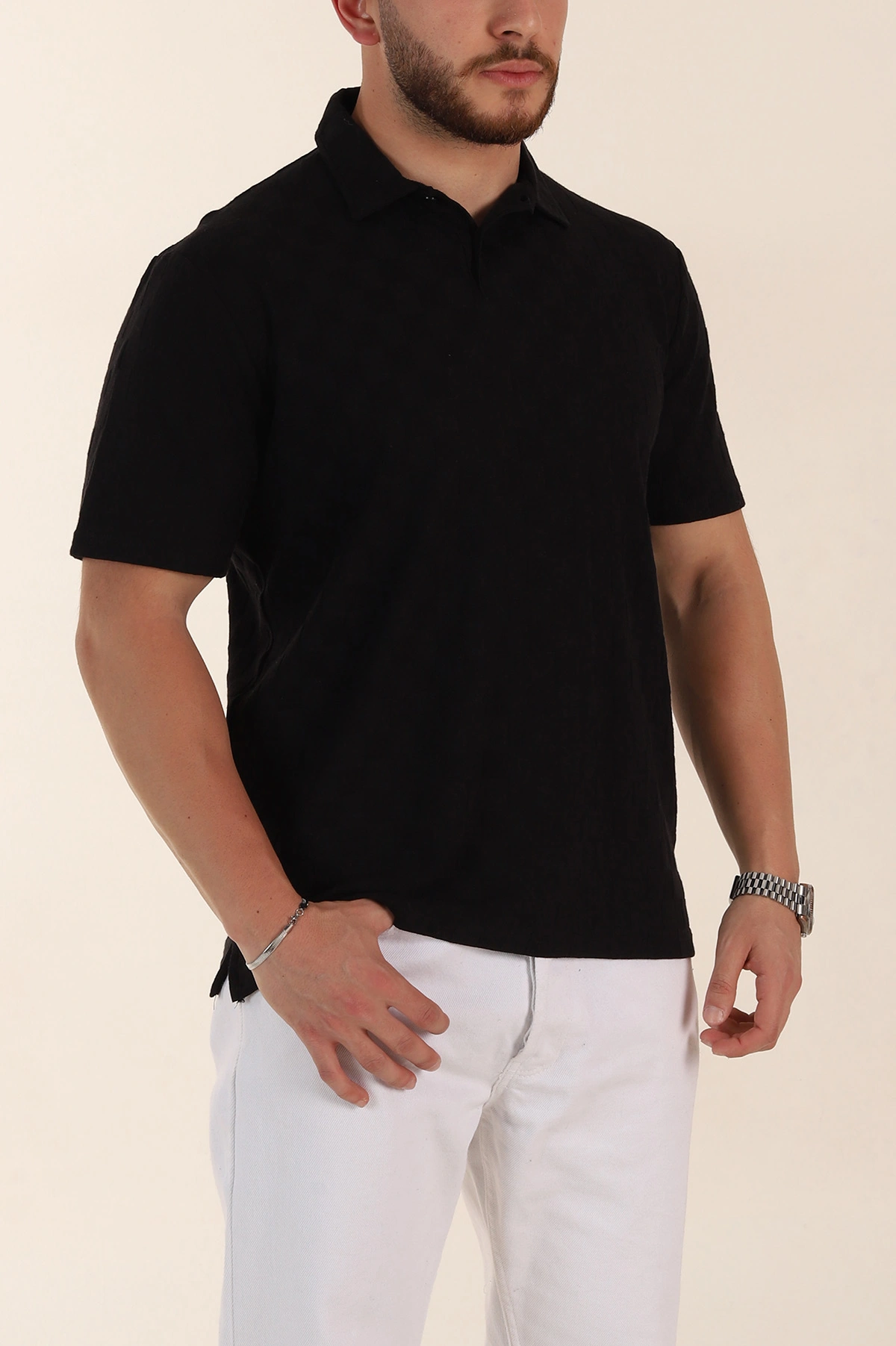 Siyah Relaxed Fit Kare Dokulu Düğmeli Polo Yaka Erkek Tişört 358171