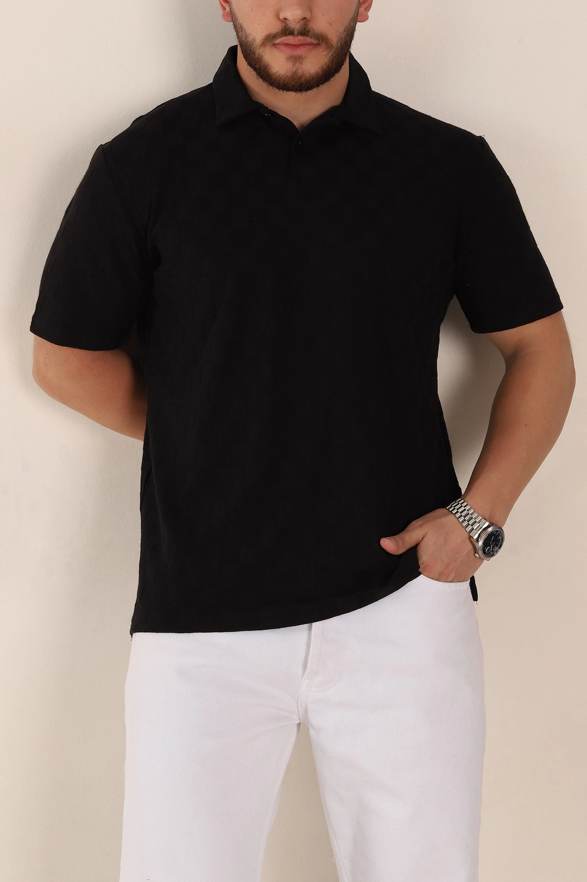 Siyah Relaxed Fit Kare Dokulu Düğmeli Polo Yaka Erkek Tişört 358171