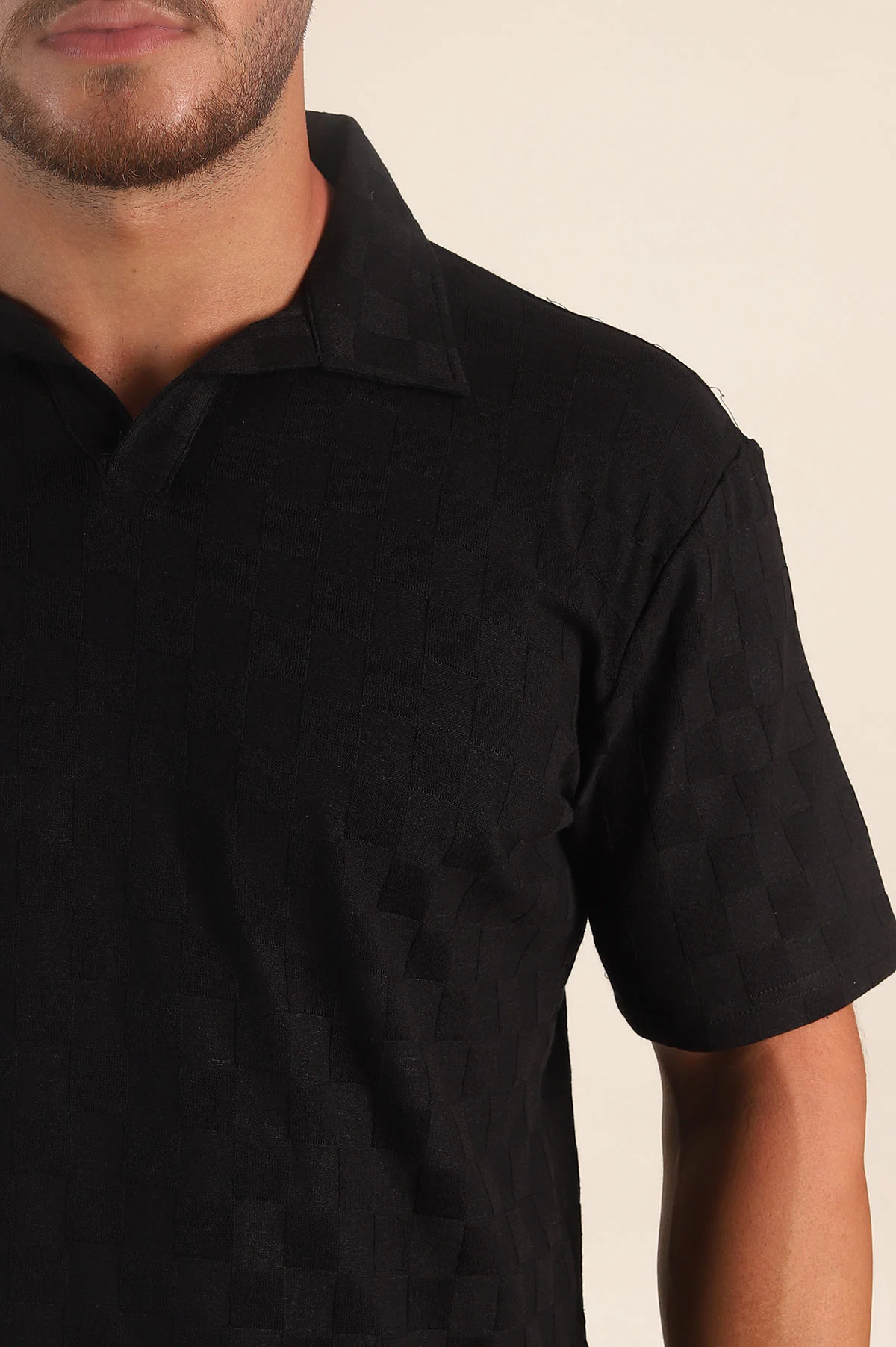 Siyah Relaxed Fit Kare Dokulu Patlı Polo Yaka Erkek Tişört 358033
