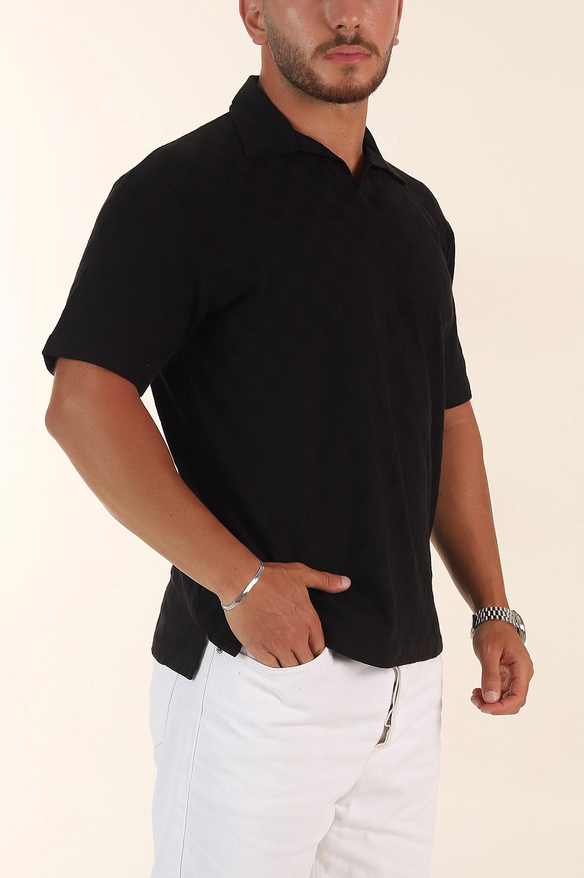 Siyah Relaxed Fit Kare Dokulu Patlı Polo Yaka Erkek Tişört 358033