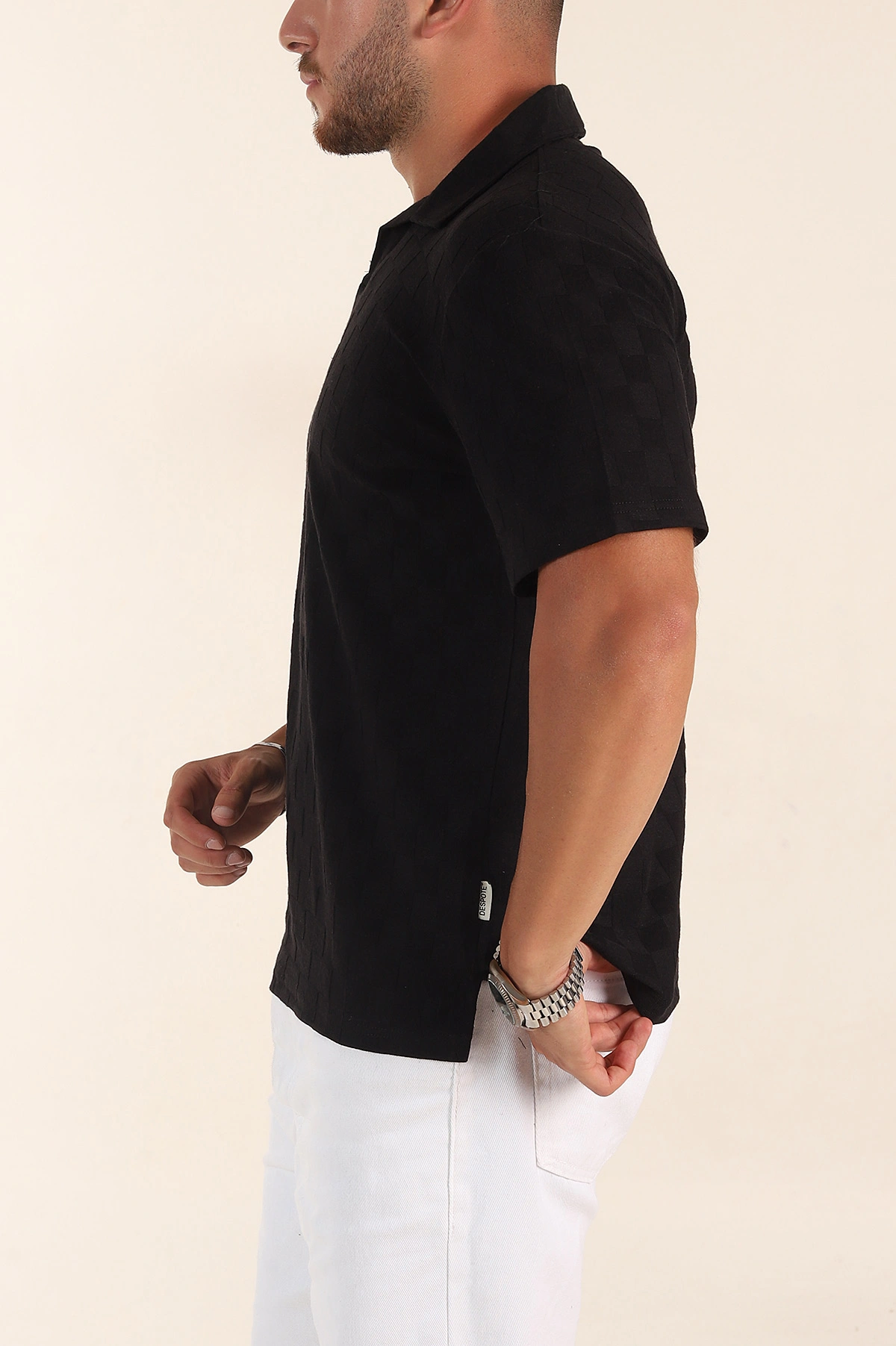 Siyah Relaxed Fit Kare Dokulu Patlı Polo Yaka Erkek Tişört 358033