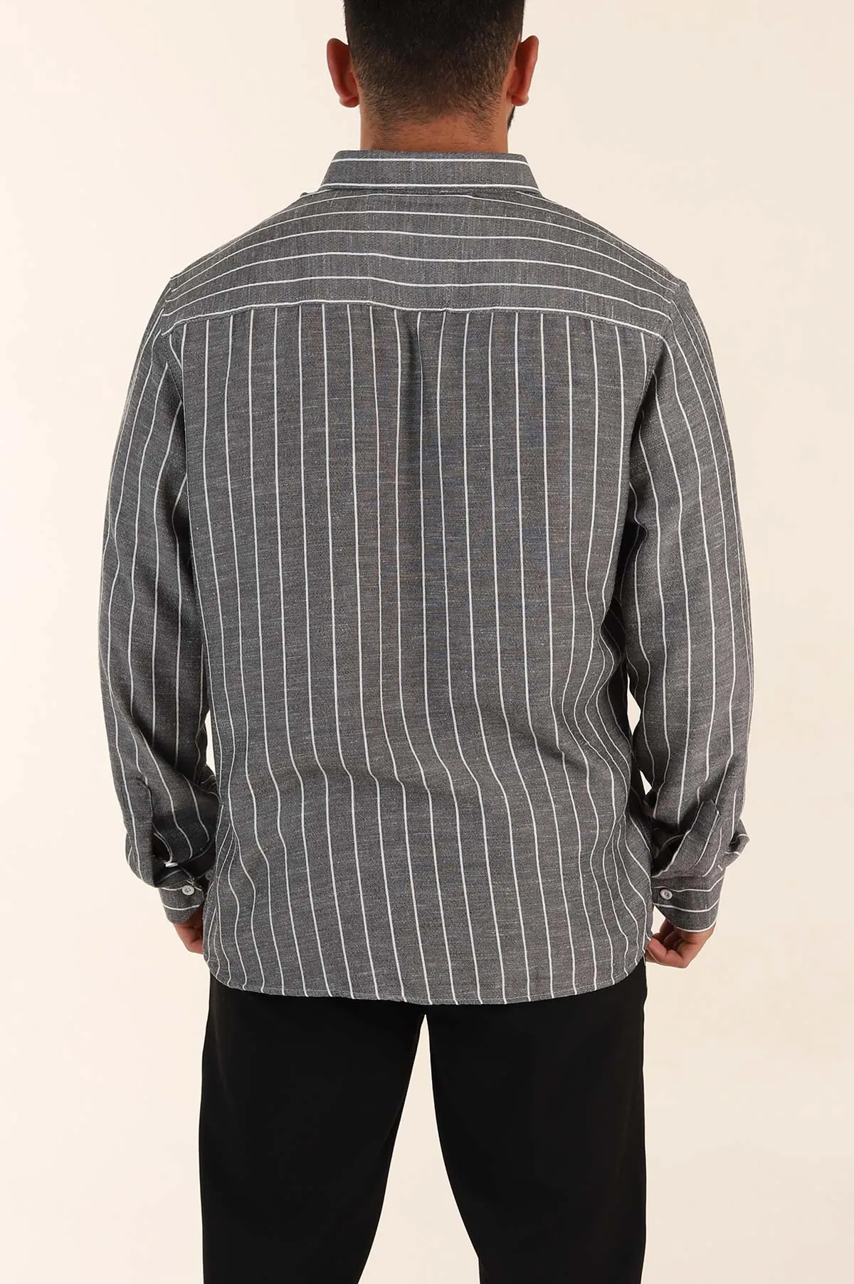 Siyah Relaxed Fit Keten Ata Yaka Çizgili Erkek Gömlek 376954
