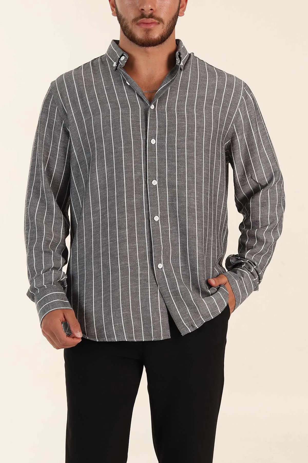 Siyah Relaxed Fit Keten Ata Yaka Çizgili Erkek Gömlek 376954