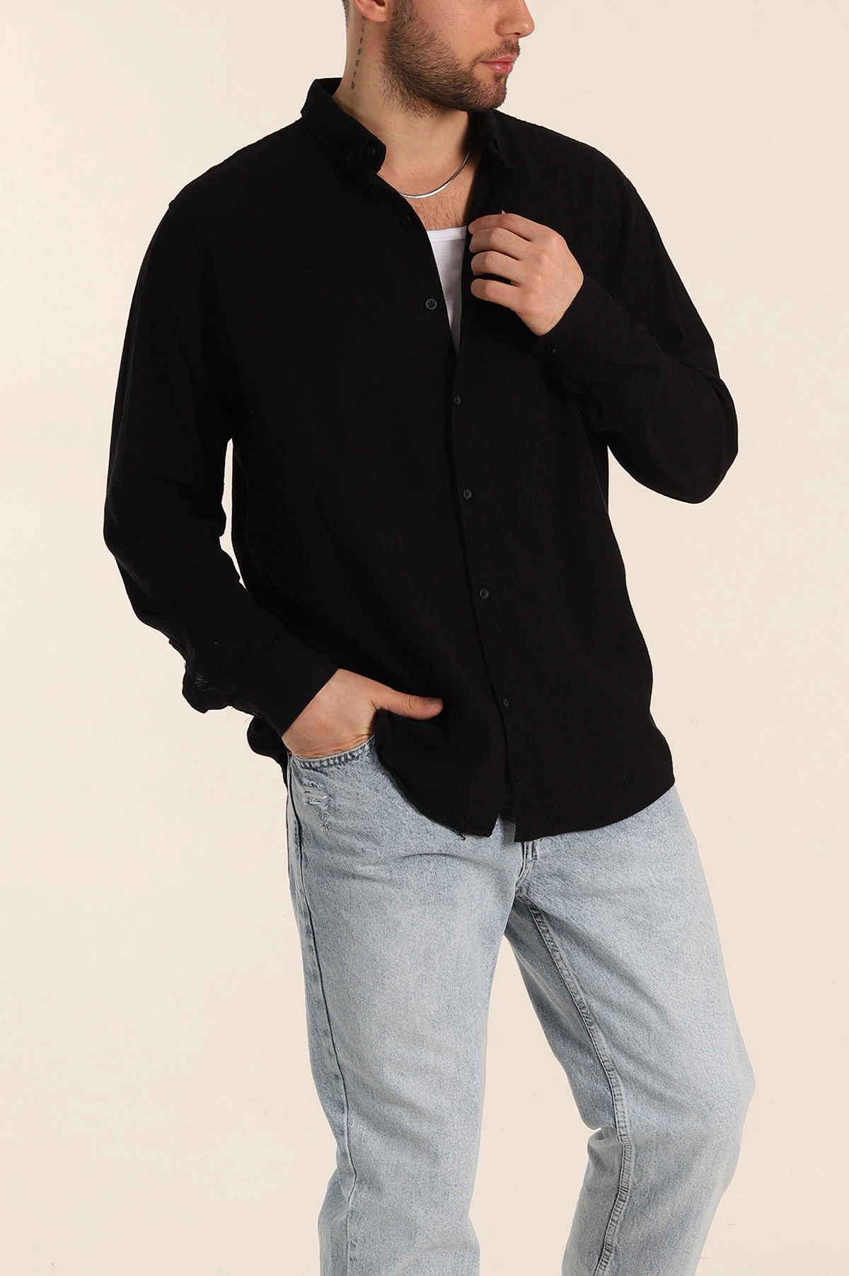Siyah Relaxed Fit Keten Ata Yaka Erkek Gömlek 339162