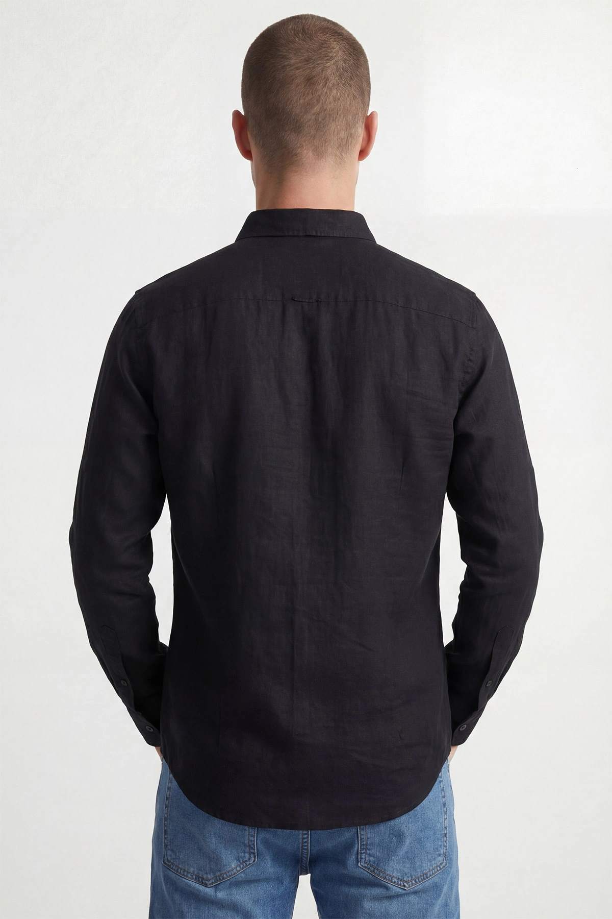 Siyah Relaxed Fit Keten Ata Yaka Erkek Gömlek 435839