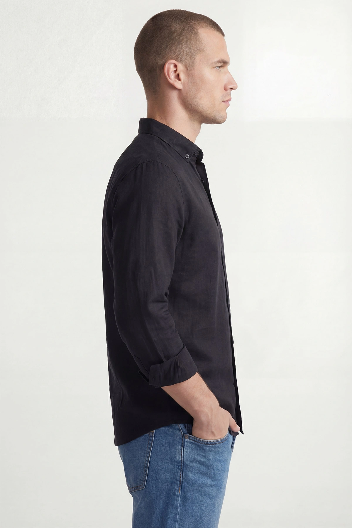 Siyah Relaxed Fit Keten Ata Yaka Erkek Gömlek 435839