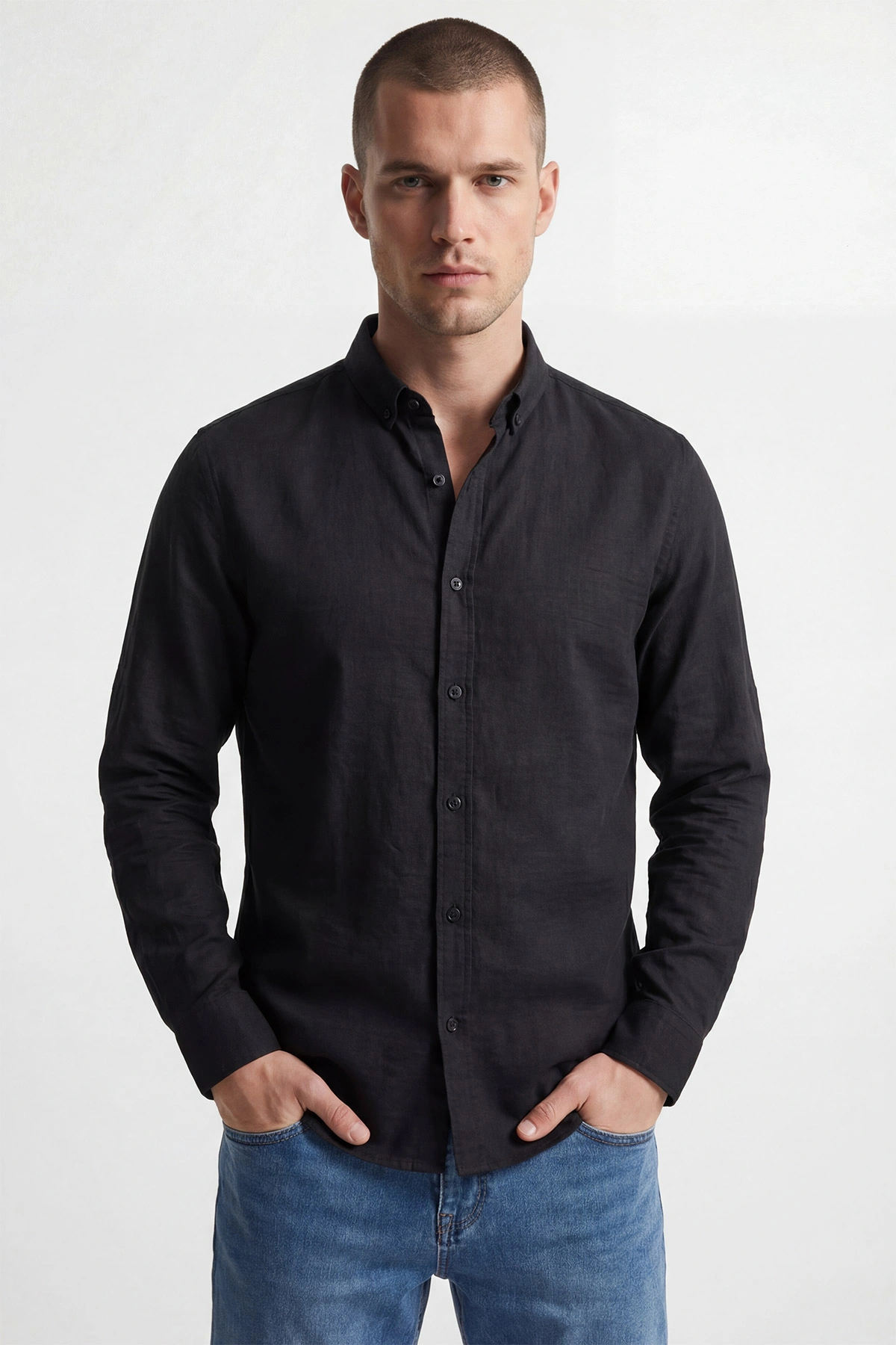 Siyah Relaxed Fit Keten Ata Yaka Erkek Gömlek 435839