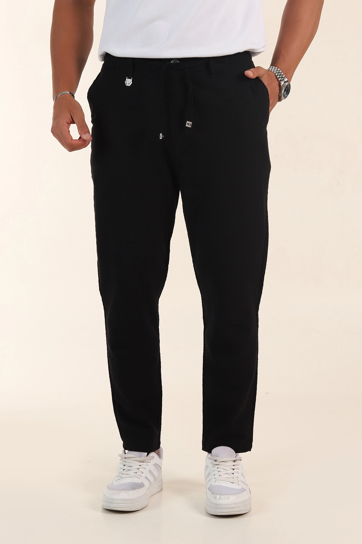 Siyah Relaxed Fit Keten Bel Lastikli Erkek Jogger Pantolon 380912