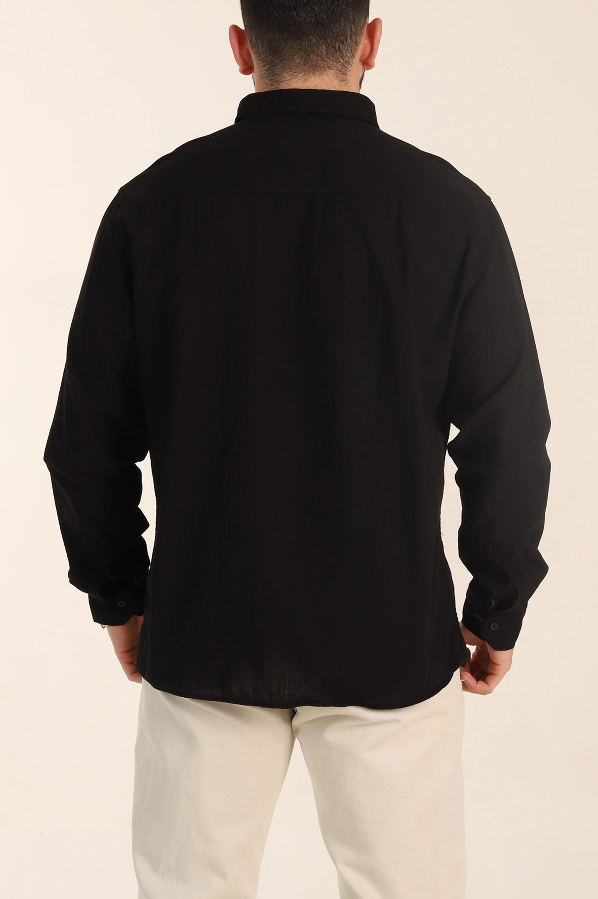 Siyah Relaxed Fit Keten Cep Detaylı Erkek Gömlek 356961