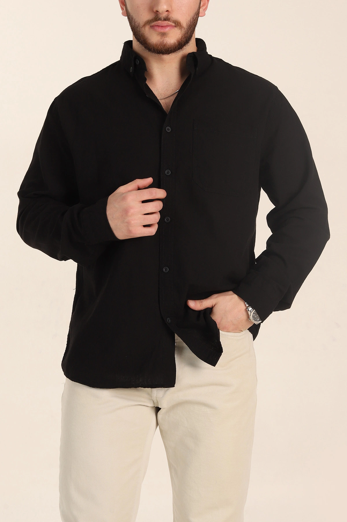 Siyah Relaxed Fit Keten Cep Detaylı Erkek Gömlek 356961
