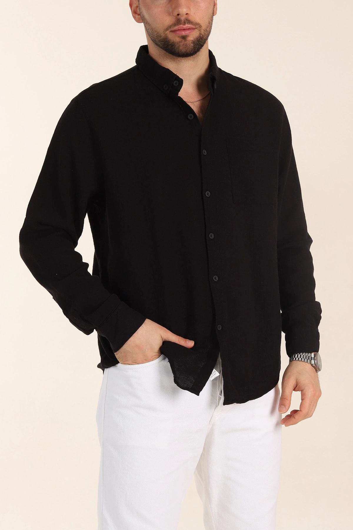 Siyah Relaxed Fit Keten Cep Detaylı Erkek Gömlek 356970
