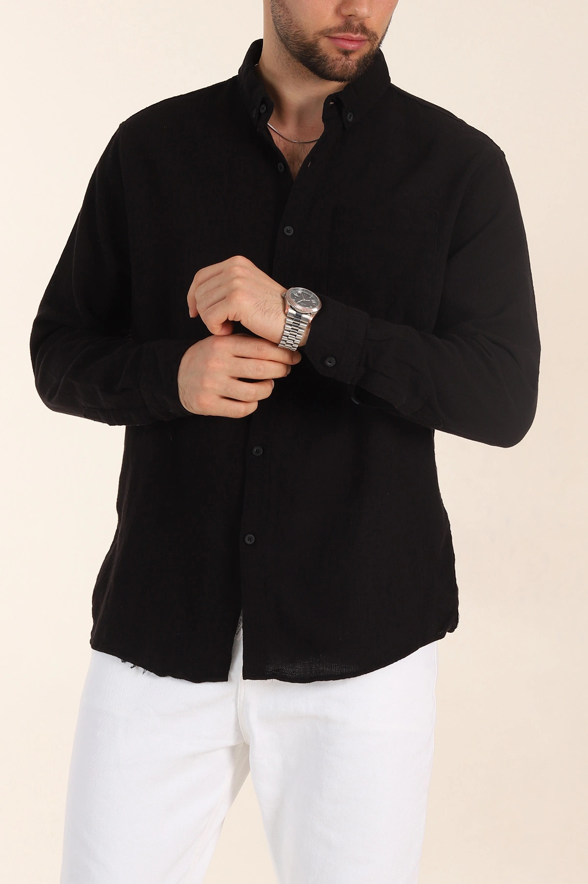 Siyah Relaxed Fit Keten Cep Detaylı Erkek Gömlek 356970