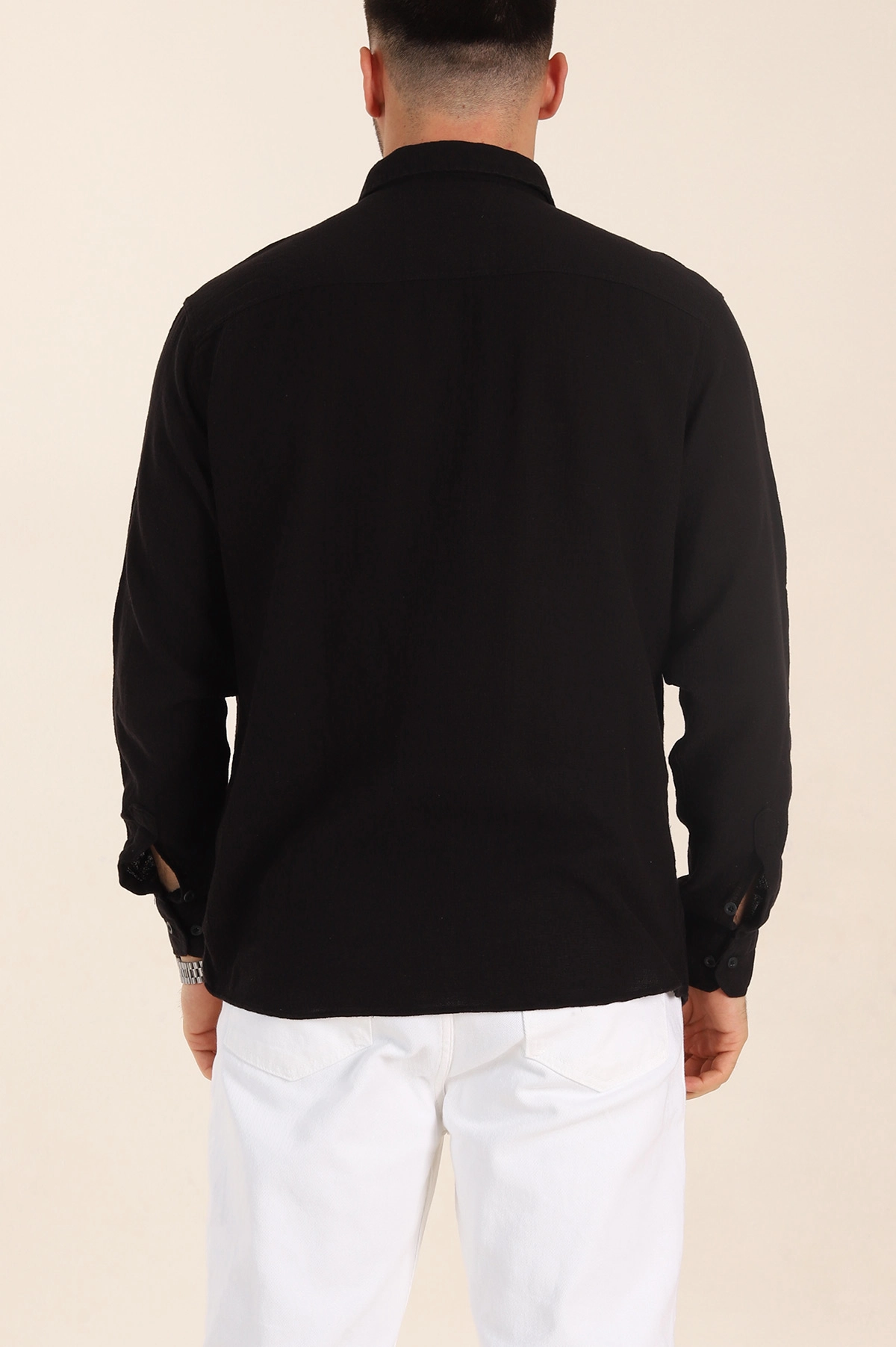 Siyah Relaxed Fit Keten Cep Detaylı Erkek Gömlek 356970