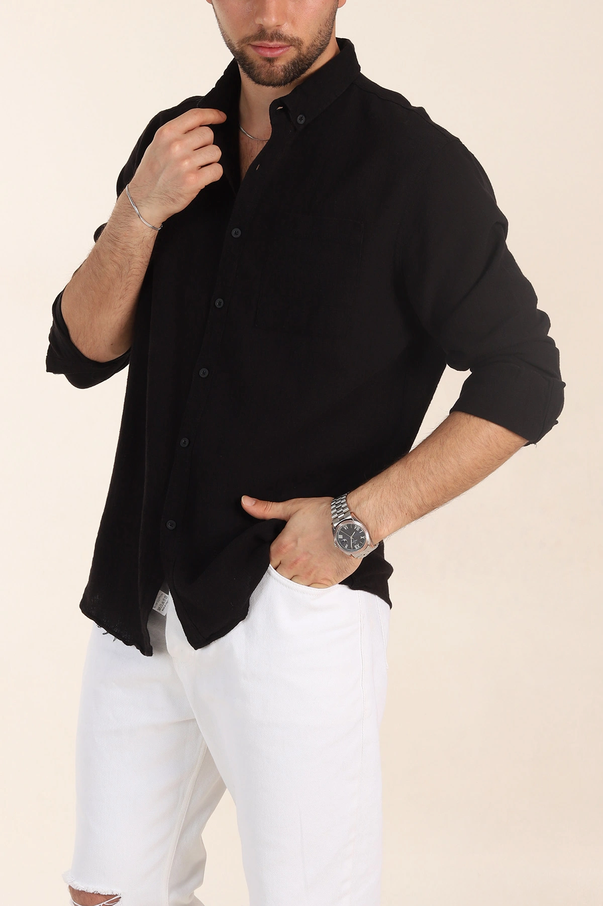Siyah Relaxed Fit Keten Cep Detaylı Erkek Gömlek 356970