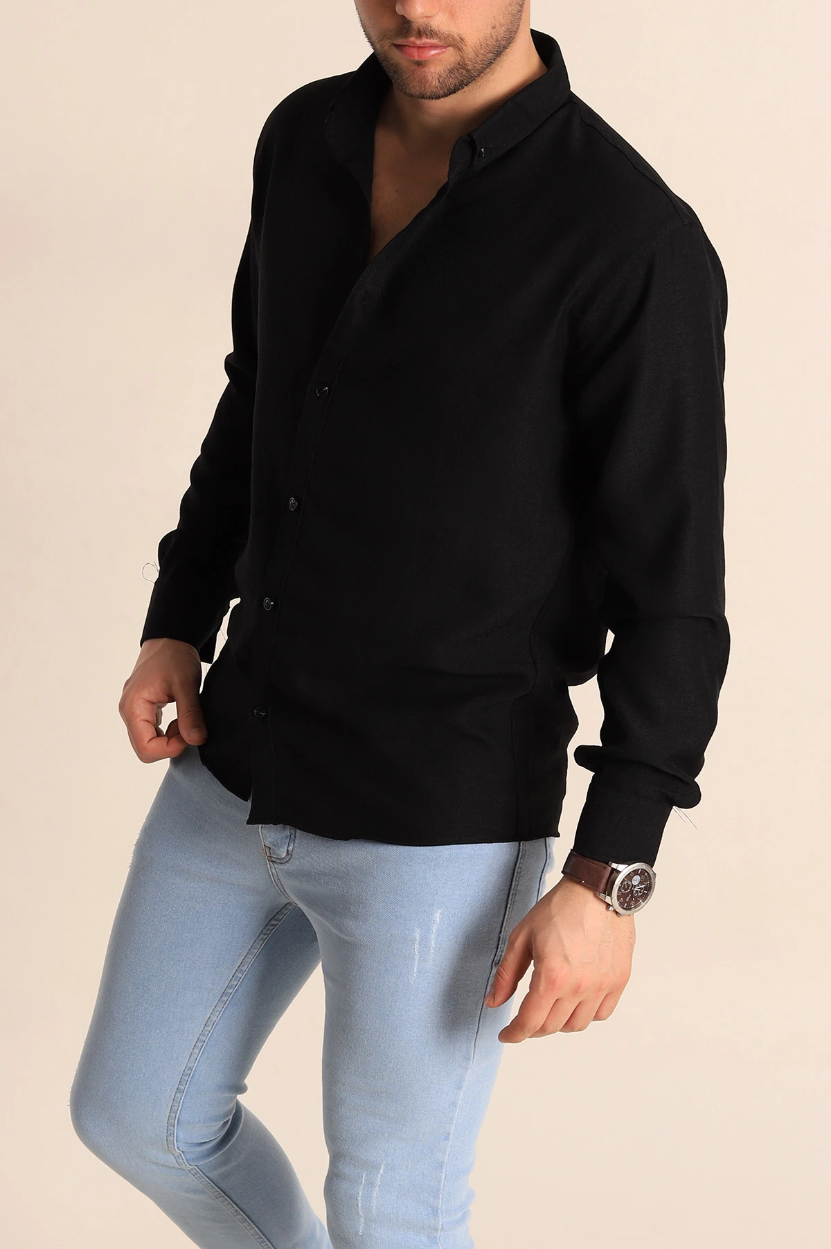 Siyah Relaxed Fit Keten Erkek Gömlek 256523