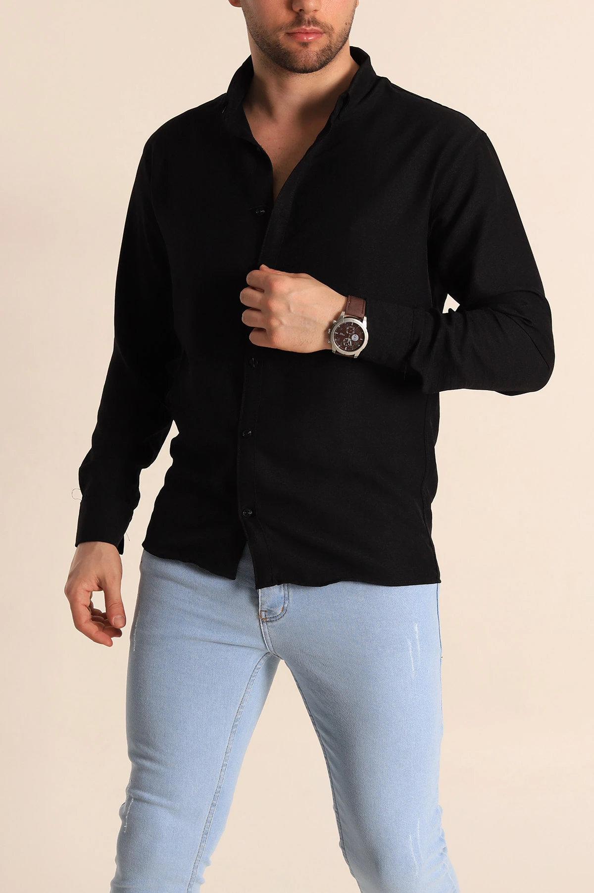 Siyah Relaxed Fit Keten Erkek Gömlek 256523