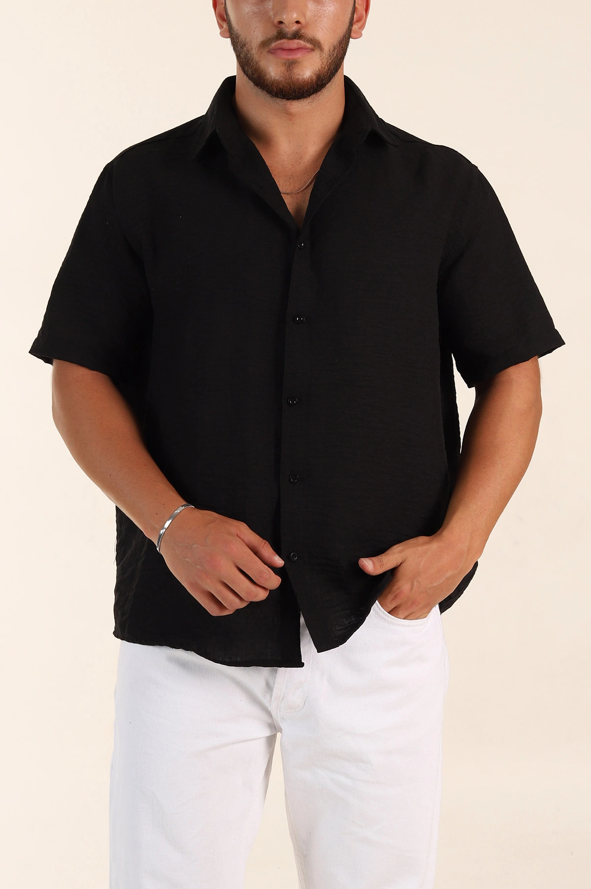 Siyah Relaxed Fit Keten Kısa Kollu Erkek Gömlek 376969