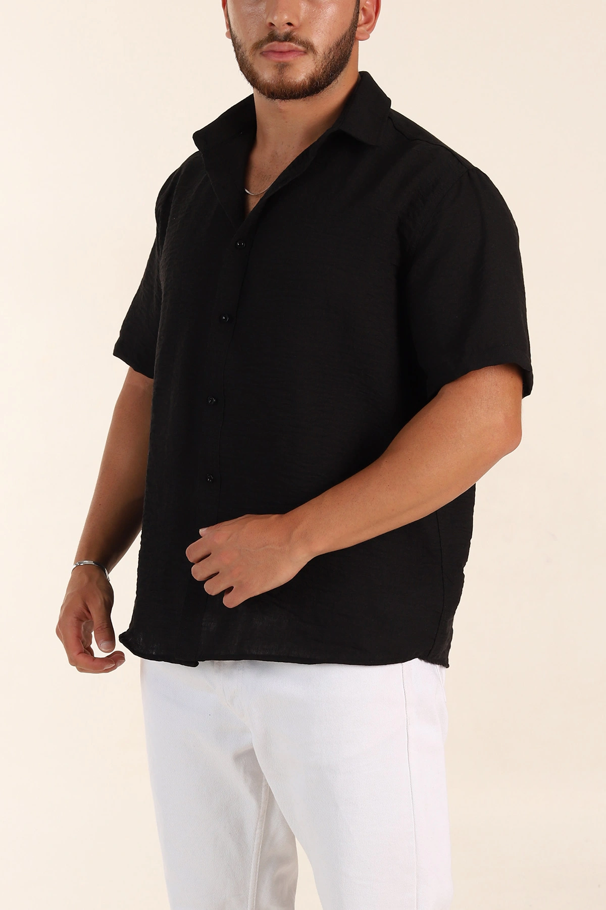 Siyah Relaxed Fit Keten Kısa Kollu Erkek Gömlek 376969