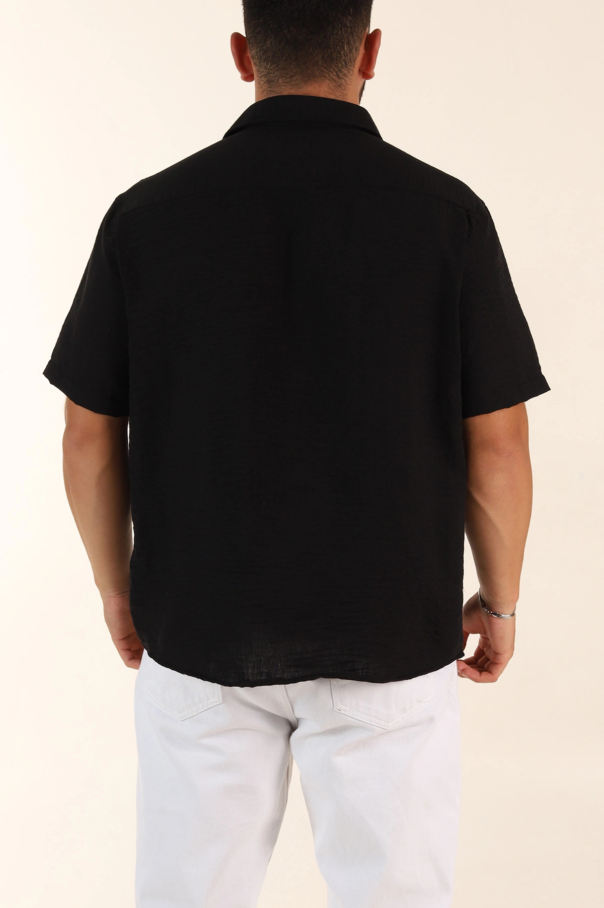 Siyah Relaxed Fit Keten Kısa Kollu Erkek Gömlek 376969