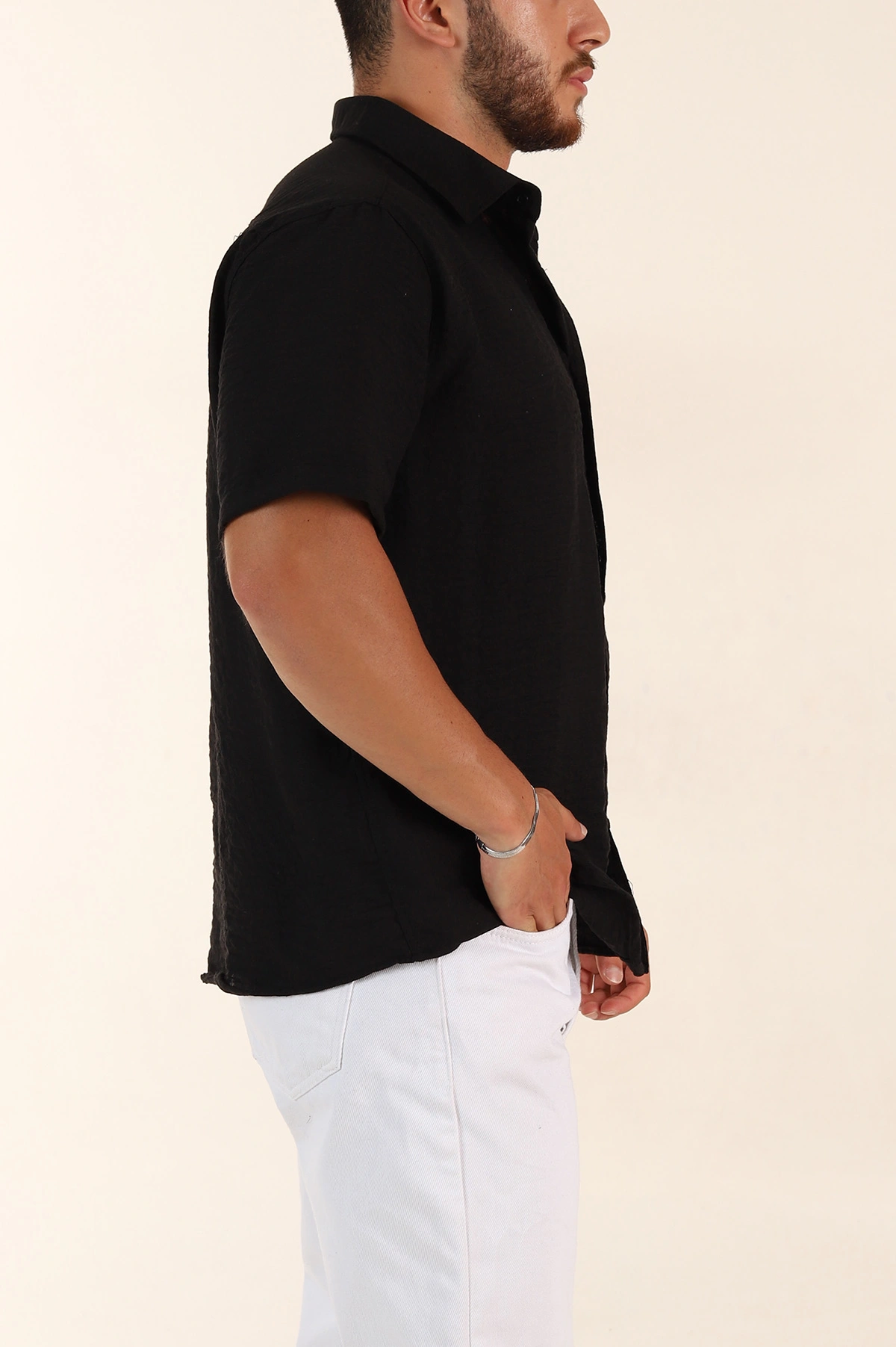 Siyah Relaxed Fit Keten Kısa Kollu Erkek Gömlek 376969
