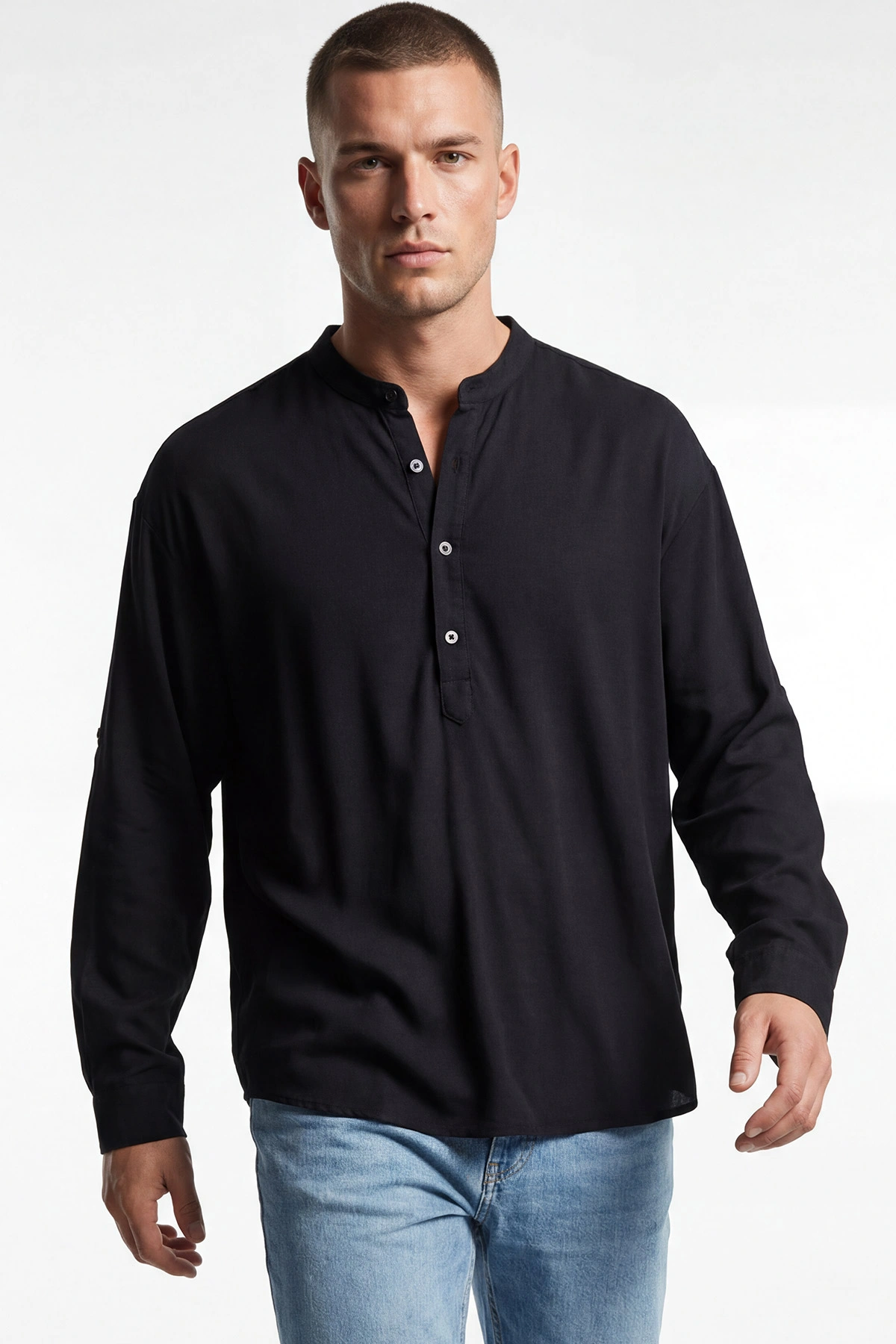 Siyah Relaxed Fit Keten Yarım Düğmeli Hakim Yaka Erkek Gömlek 435878