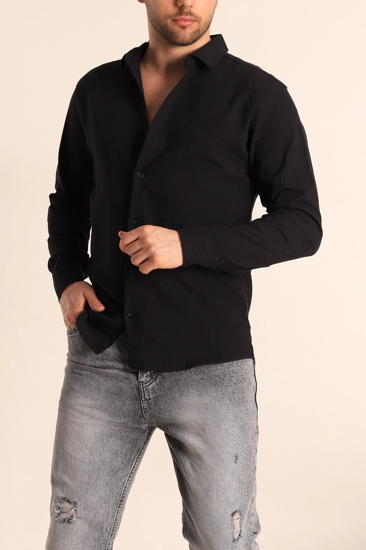 Siyah Relaxed Fit Kırınkıl Keten Erkek Gömlek 256990