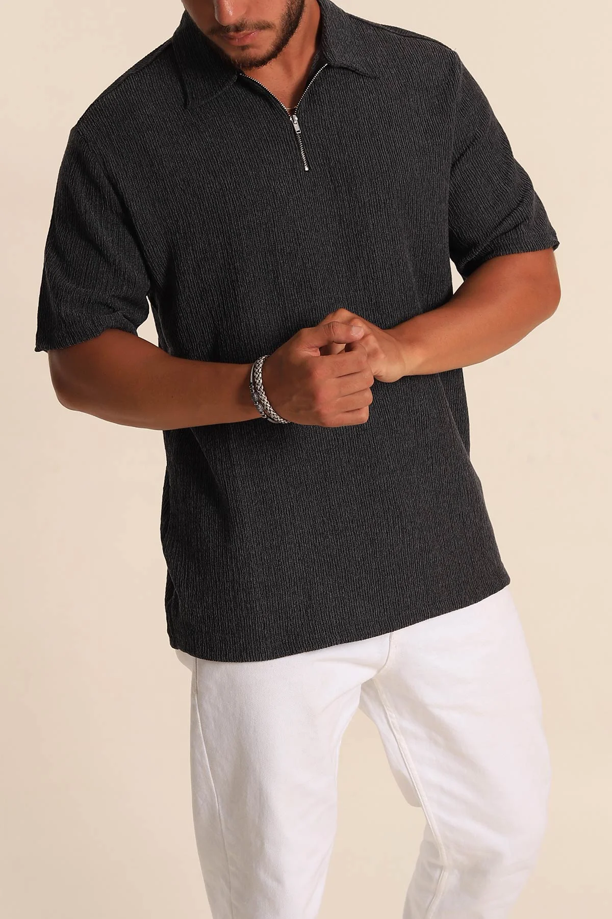 Siyah Relaxed Fit Melanjlı Fermuarlı Polo Yaka Erkek Tişört 267651