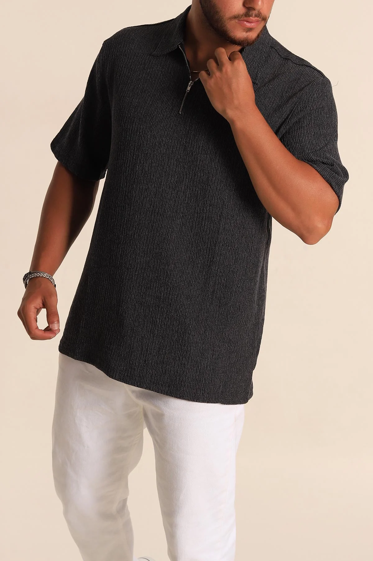 Siyah Relaxed Fit Melanjlı Fermuarlı Polo Yaka Erkek Tişört 267651
